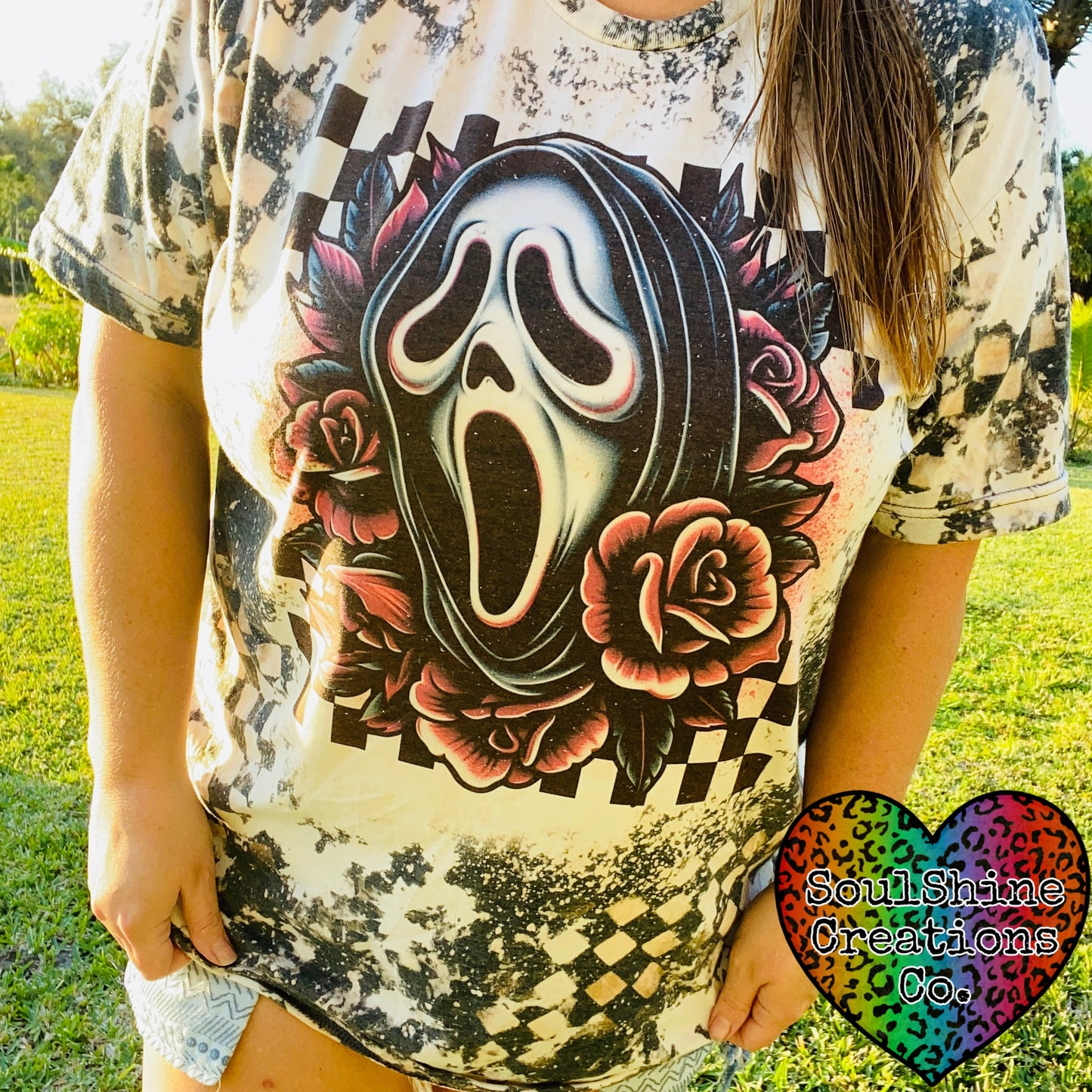 Retro 90’s Ghost Checkered Acid Wash Grunge Bleached Tee Shirt