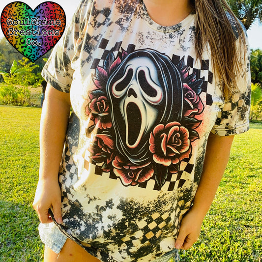 Retro 90’s Ghost Checkered Acid Wash Grunge Bleached Tee Shirt