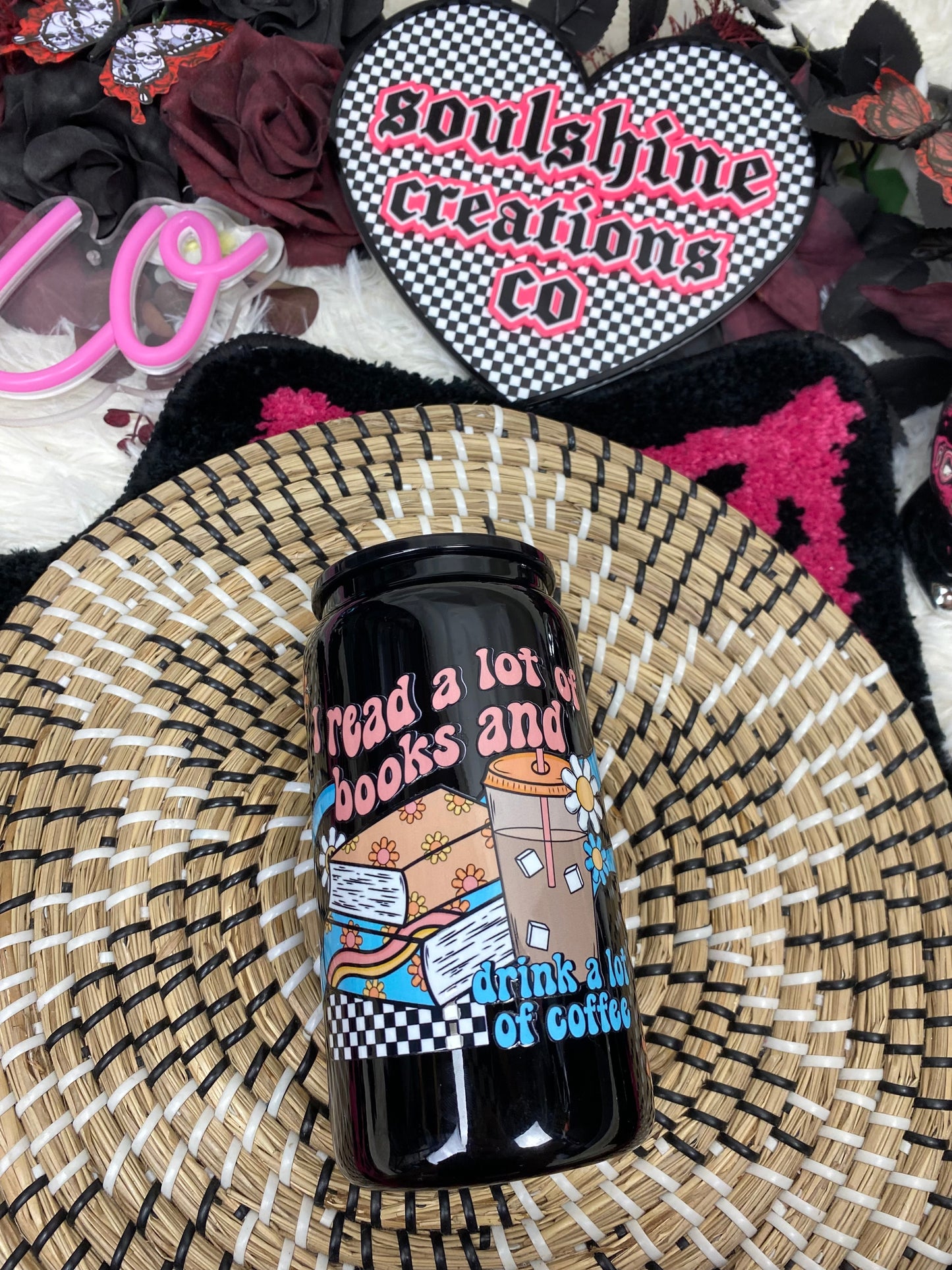 I read a lot of books and drink a lot of coffee 16 oz. black glass bookish libby cup iced coffee drinkware