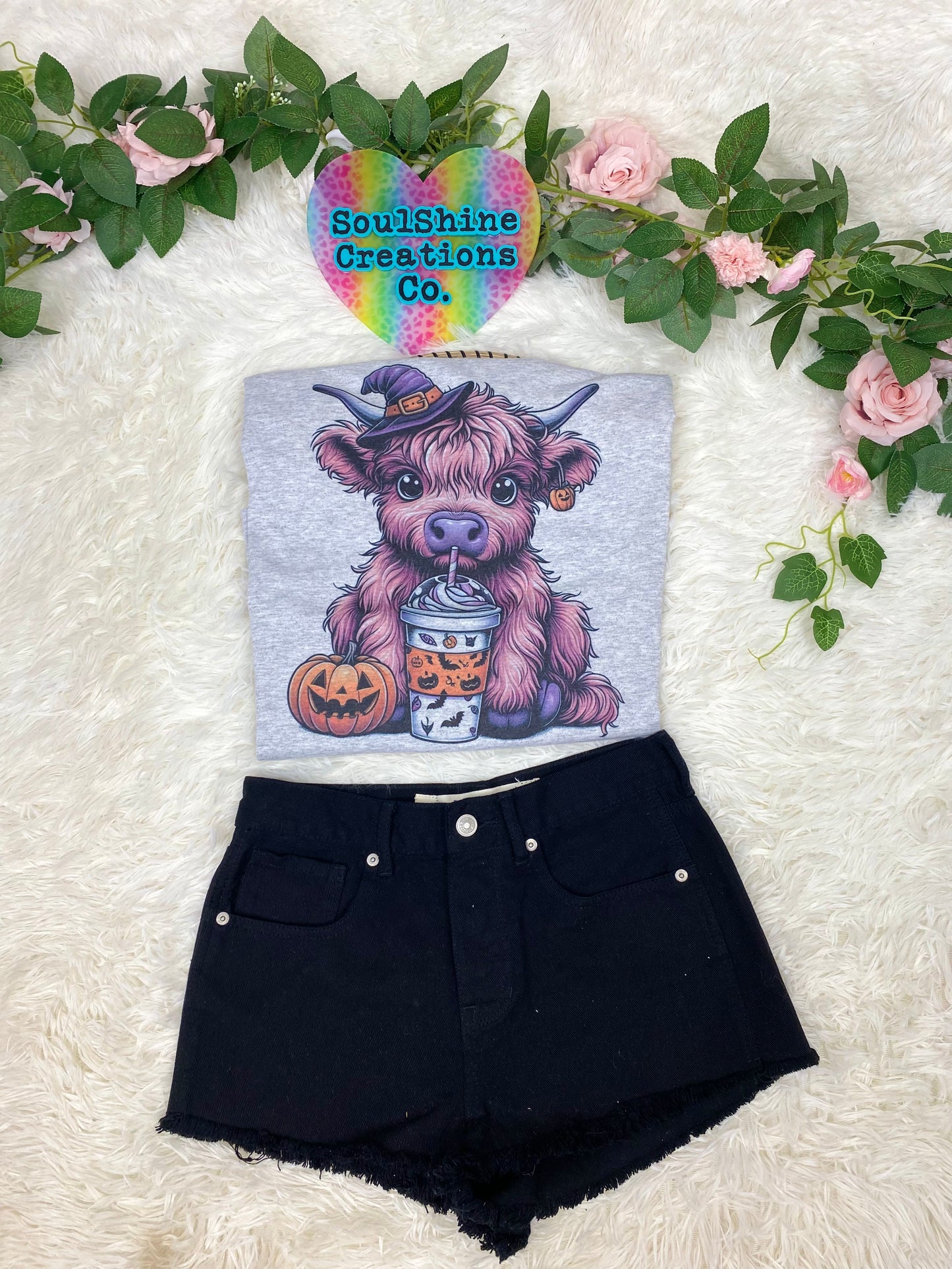 Cute Witch Highland Cow Halloween Graphic Tee Shirt