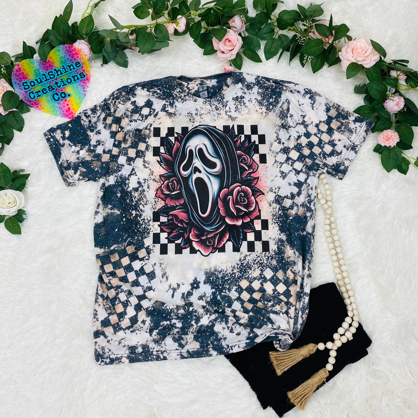 Retro 90’s Ghost Checkered Acid Wash Grunge Bleached Tee Shirt
