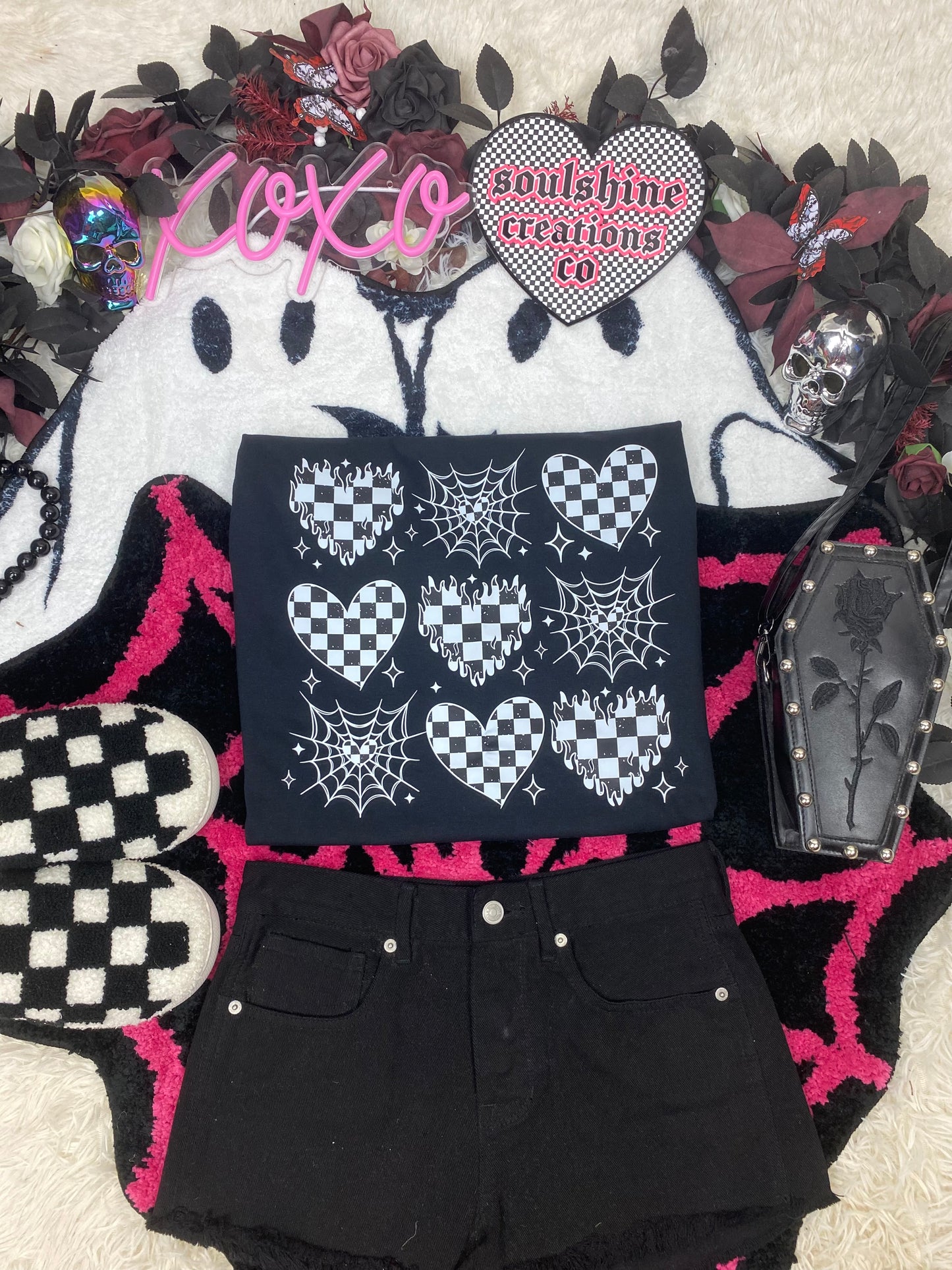 Checkered Spiderweb Coquette Tee or Sweater-Edgy Alternative Vibes