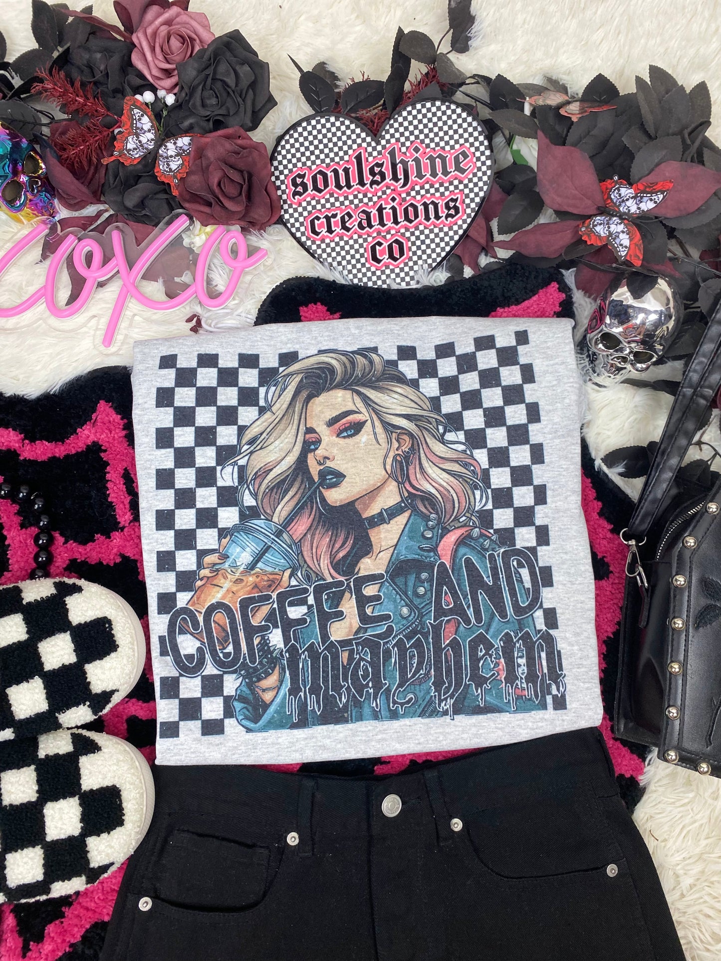 Coffee and Mayhem Checkered tee shirt or Sweater Edgy Alt Vibes