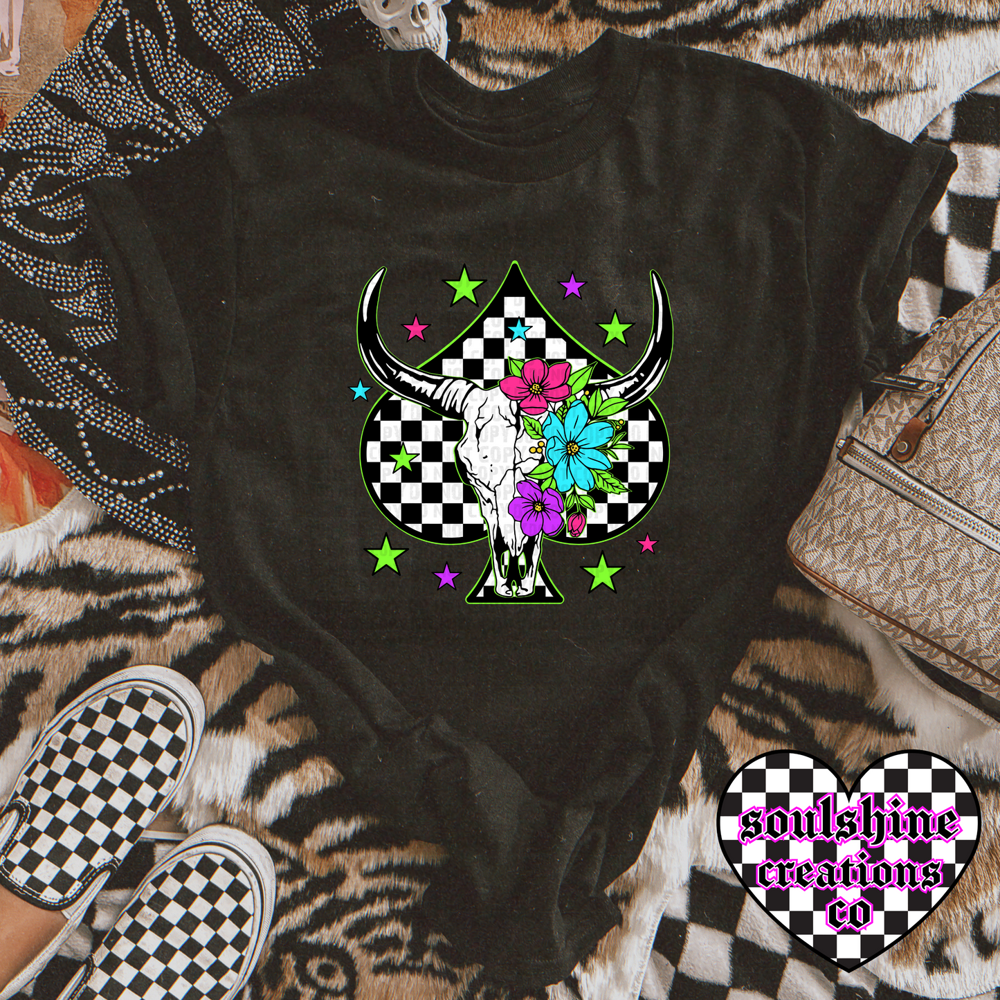Neon Checkered Spade Western Bull Skull Yallternative tee or sweater-Edgy Alternative Vibes