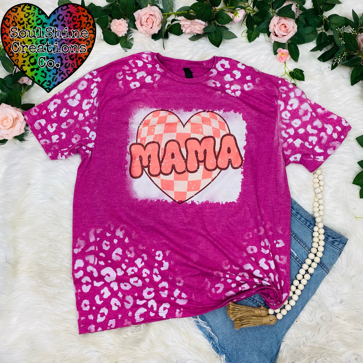 Mama Checkered Heart Leopard Print Bleached Shirt