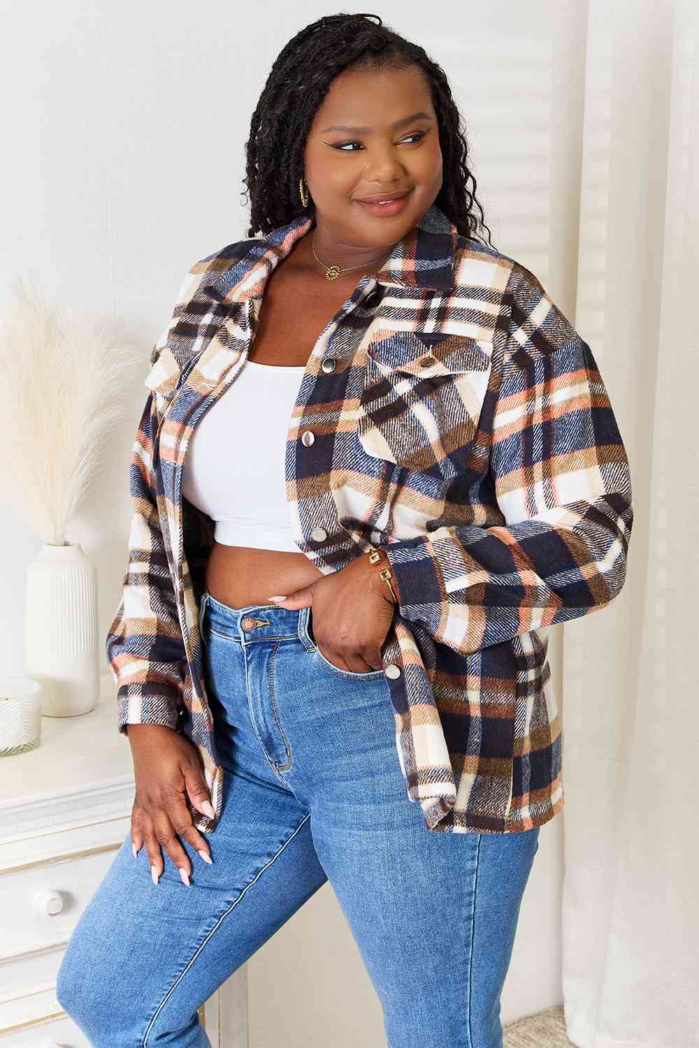 Plaid Button Front Shirt Jacket