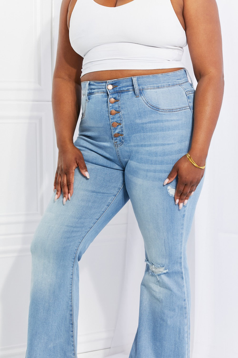 Jess Fly Button Flare Distressed Light Wash Jeans
