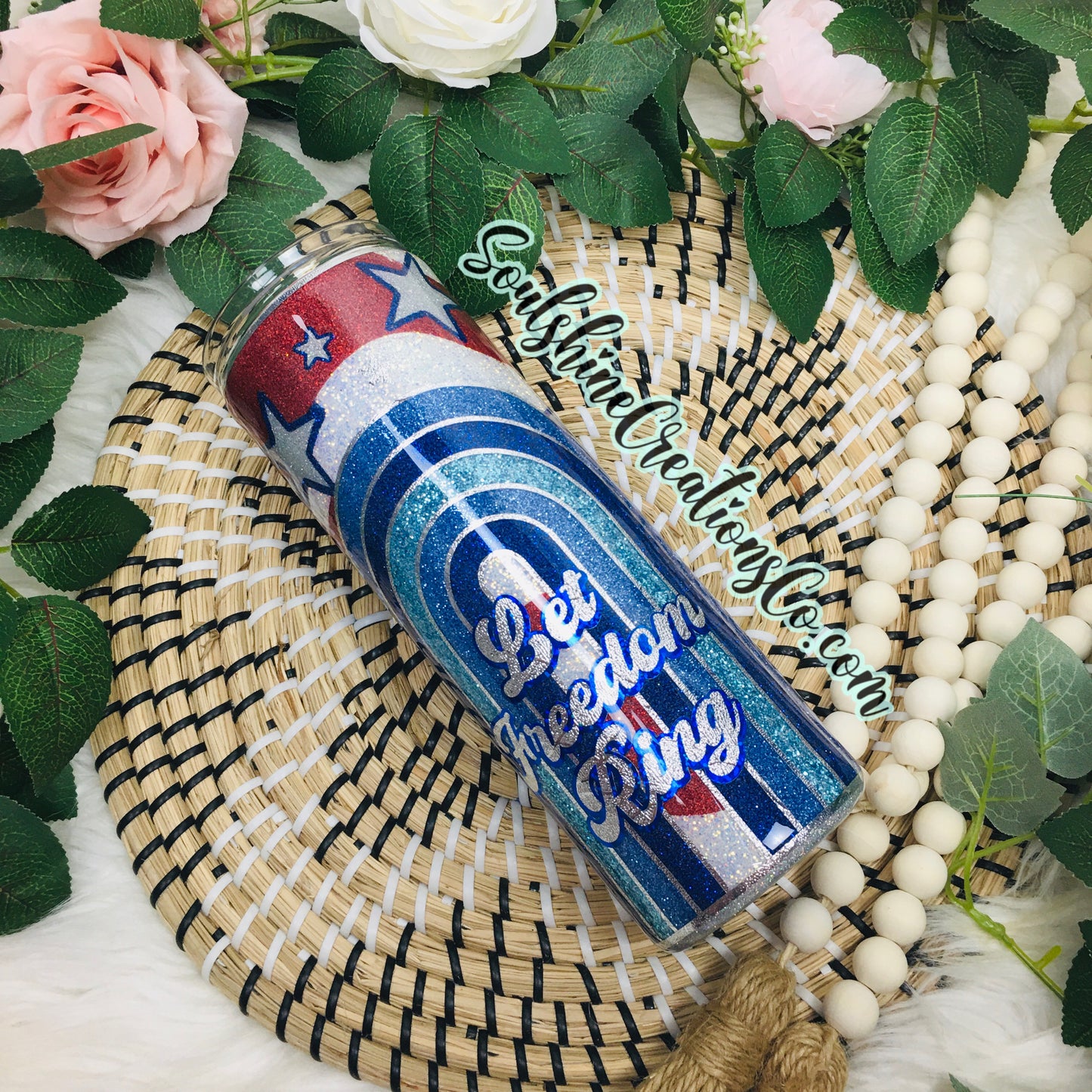 Let Freedom Ring American Flag Rainbow Glitter Tumbler