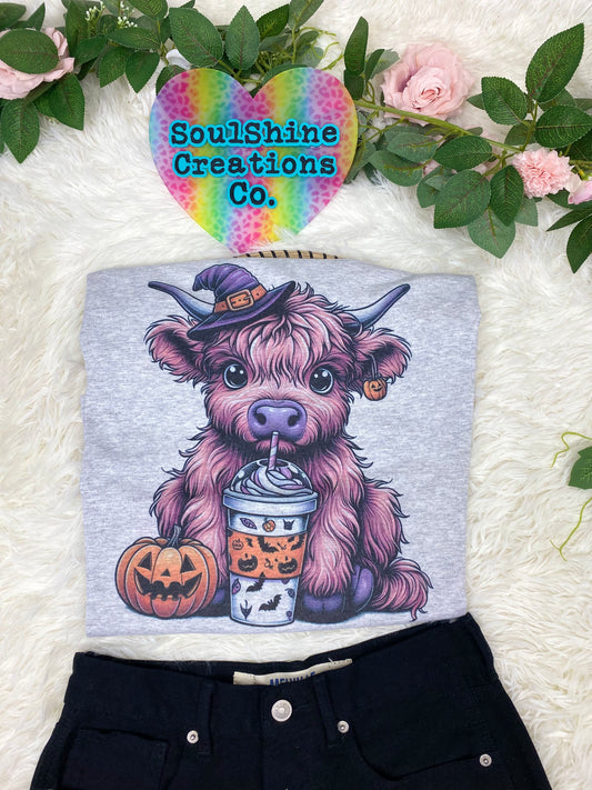 Cute Witch Highland Cow Halloween Graphic Tee Shirt