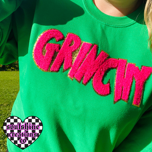 grinchy pink chenille patch christmas tee or sweater