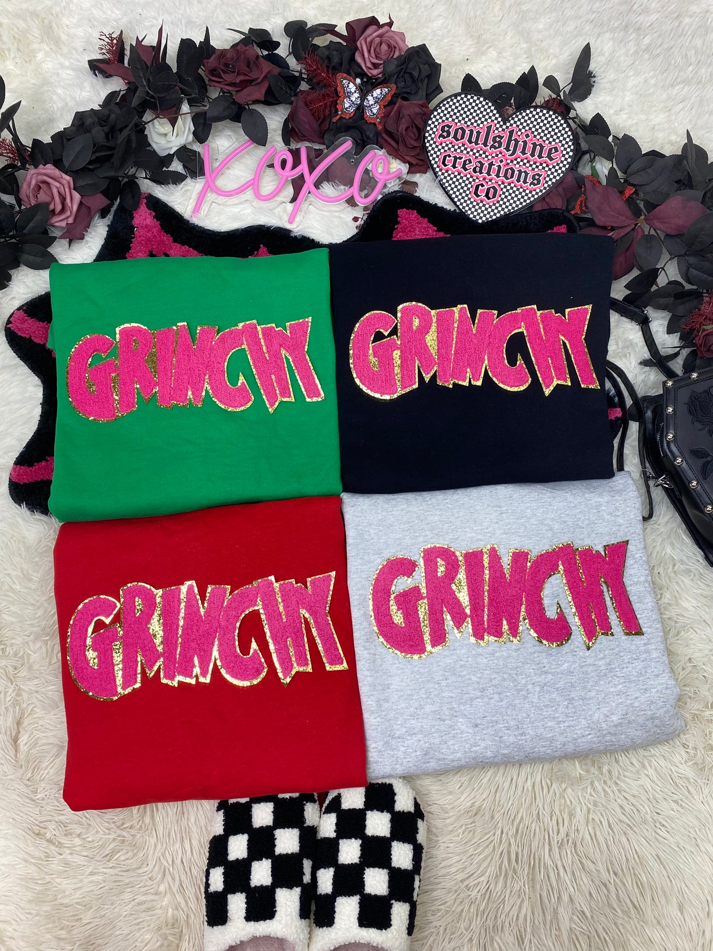 grinchy pink chenille patch christmas tee or sweater