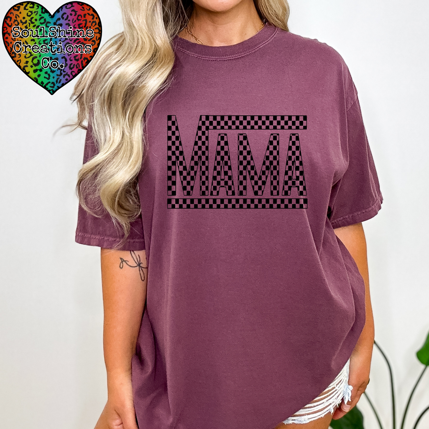 Mama Checkered Comfort Colors Tee Shirt