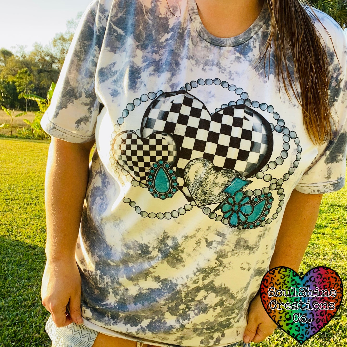 Checkered Hearts Turquoise Acid Wash Bleached Shirt