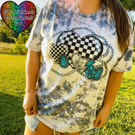 Checkered Hearts Turquoise Acid Wash Bleached Shirt