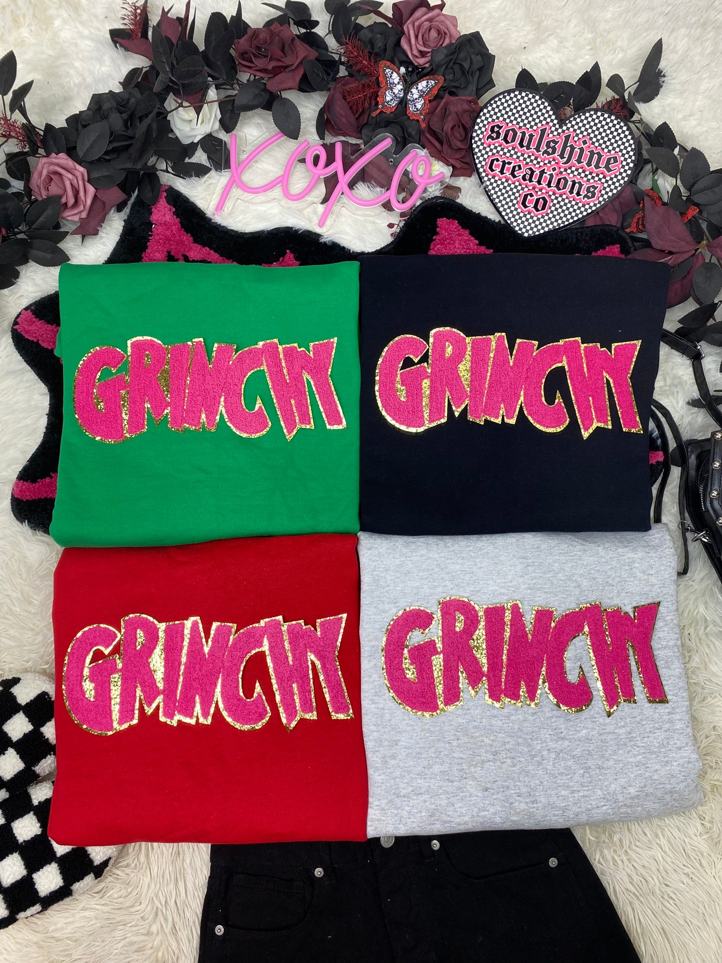 grinchy pink chenille patch christmas tee or sweater