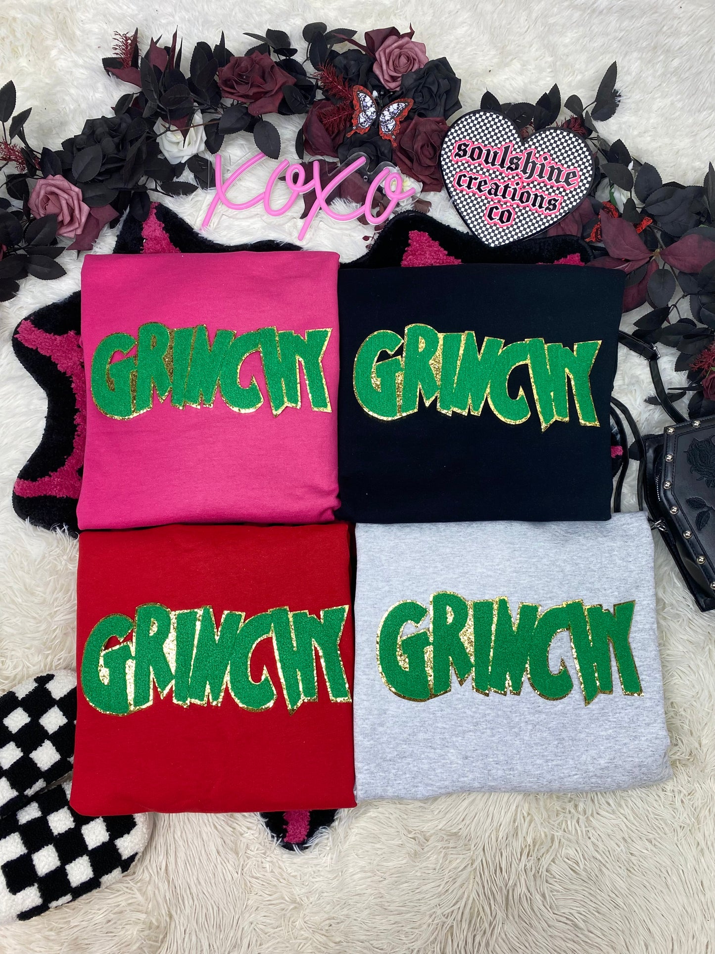 grinchy green chenille patch christmas tee or sweater