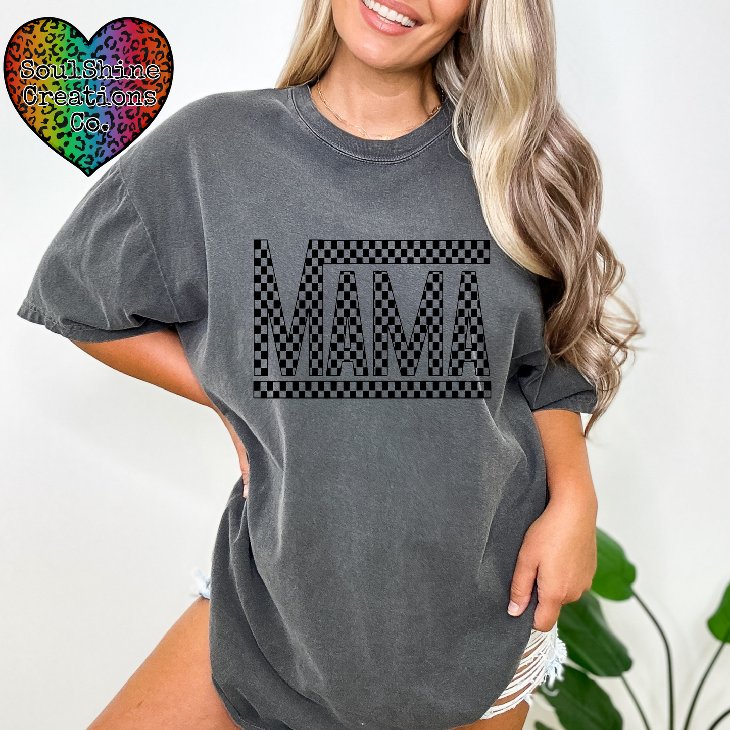 Mama Checkered Comfort Colors Tee Shirt