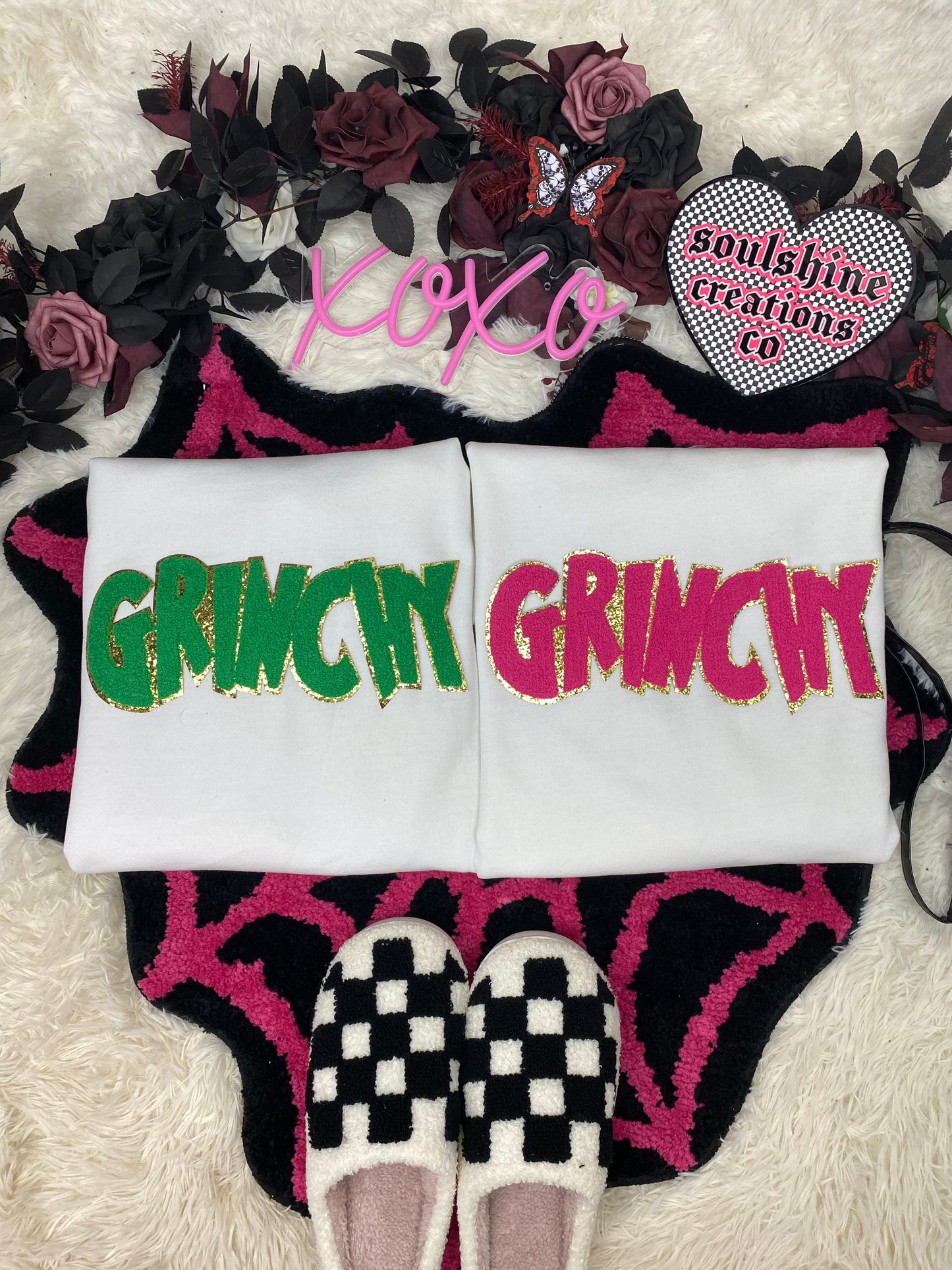 grinchy pink chenille patch christmas tee or sweater