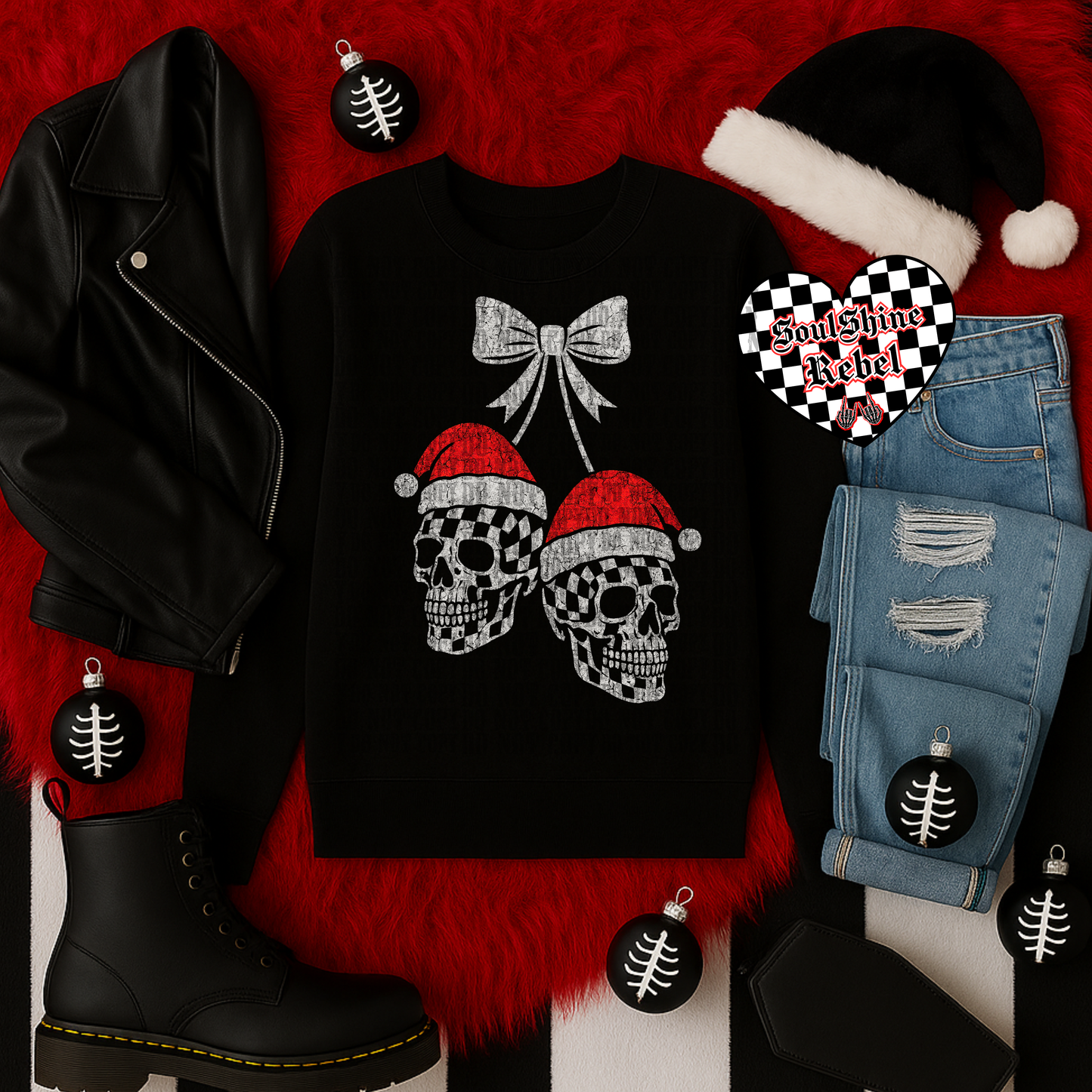 Santa Skull Cherries Black Tee or Sweater Snarky Gothic Christmas