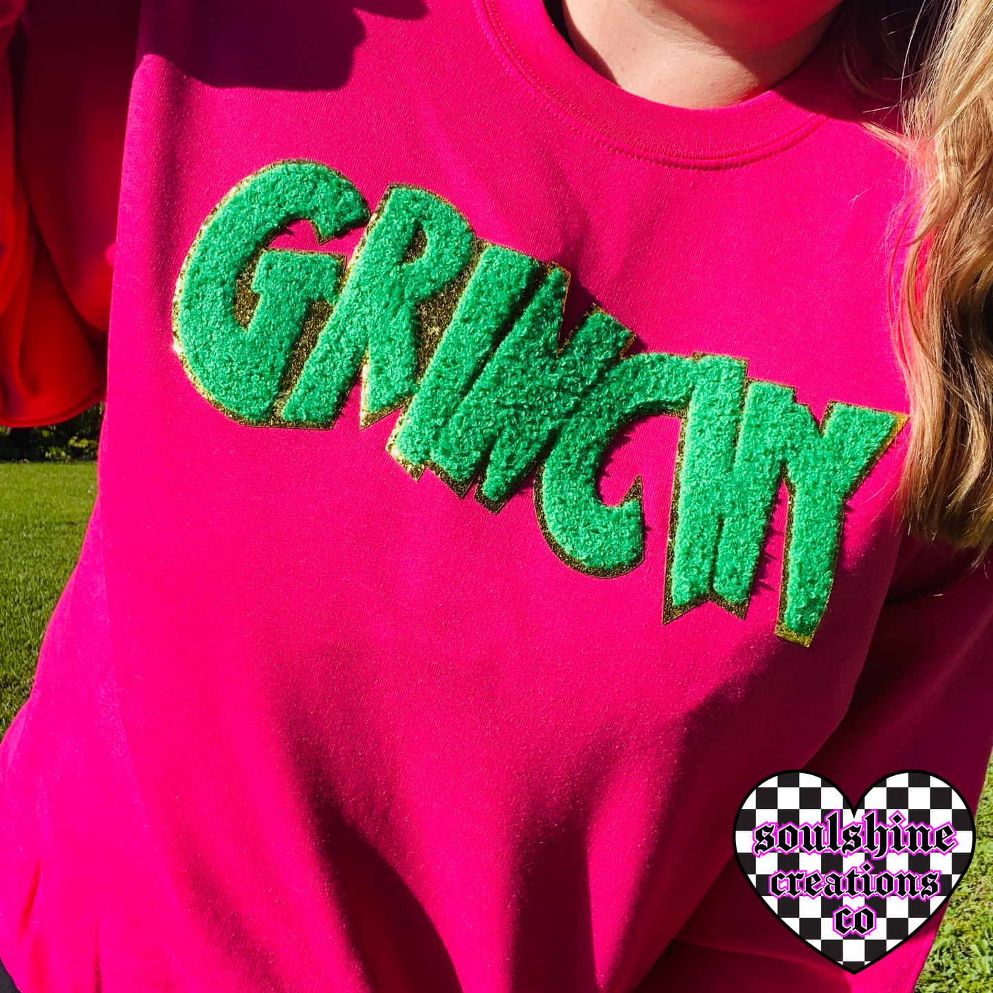 grinchy green chenille patch christmas tee or sweater