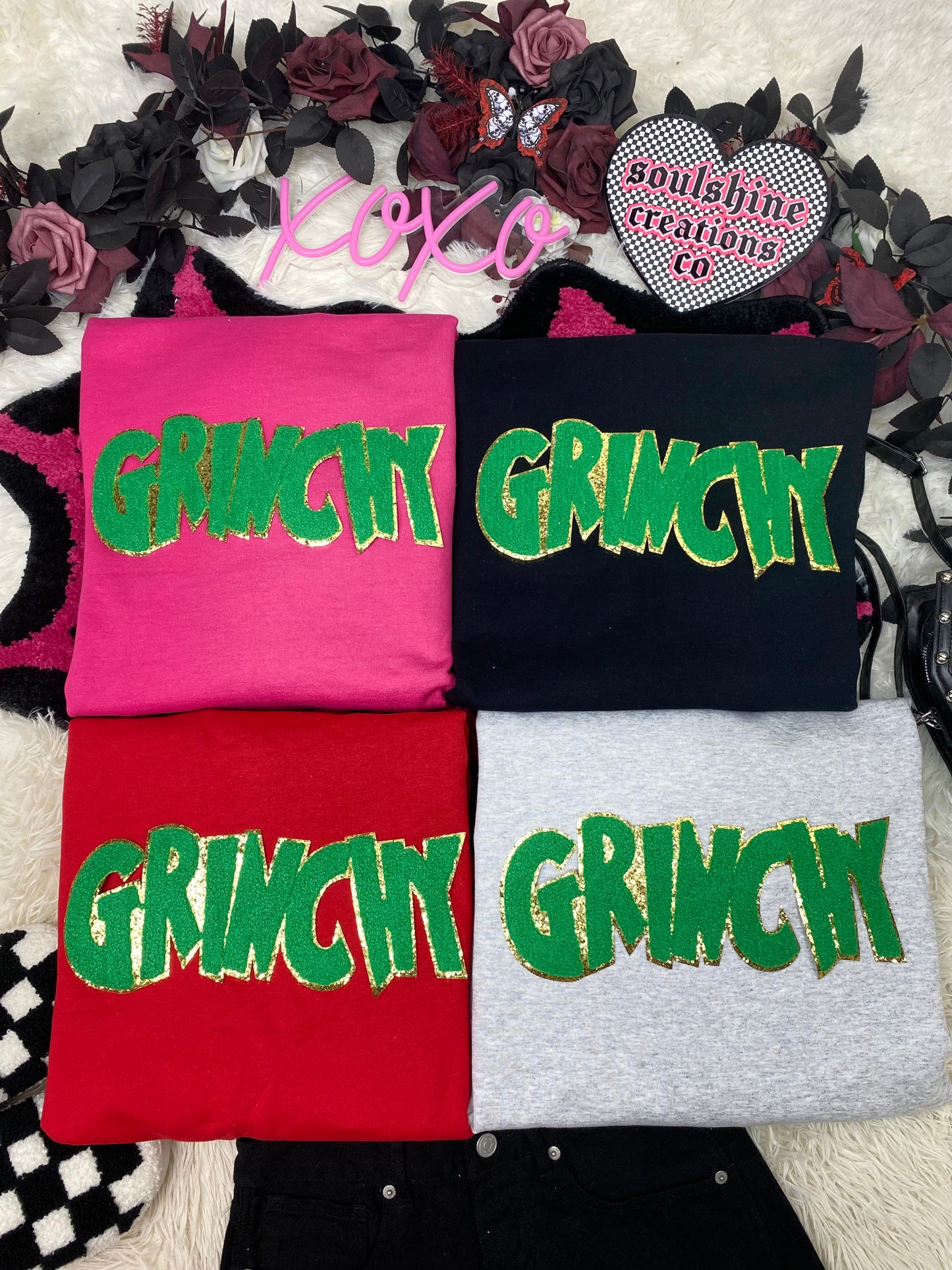 grinchy green chenille patch christmas tee or sweater