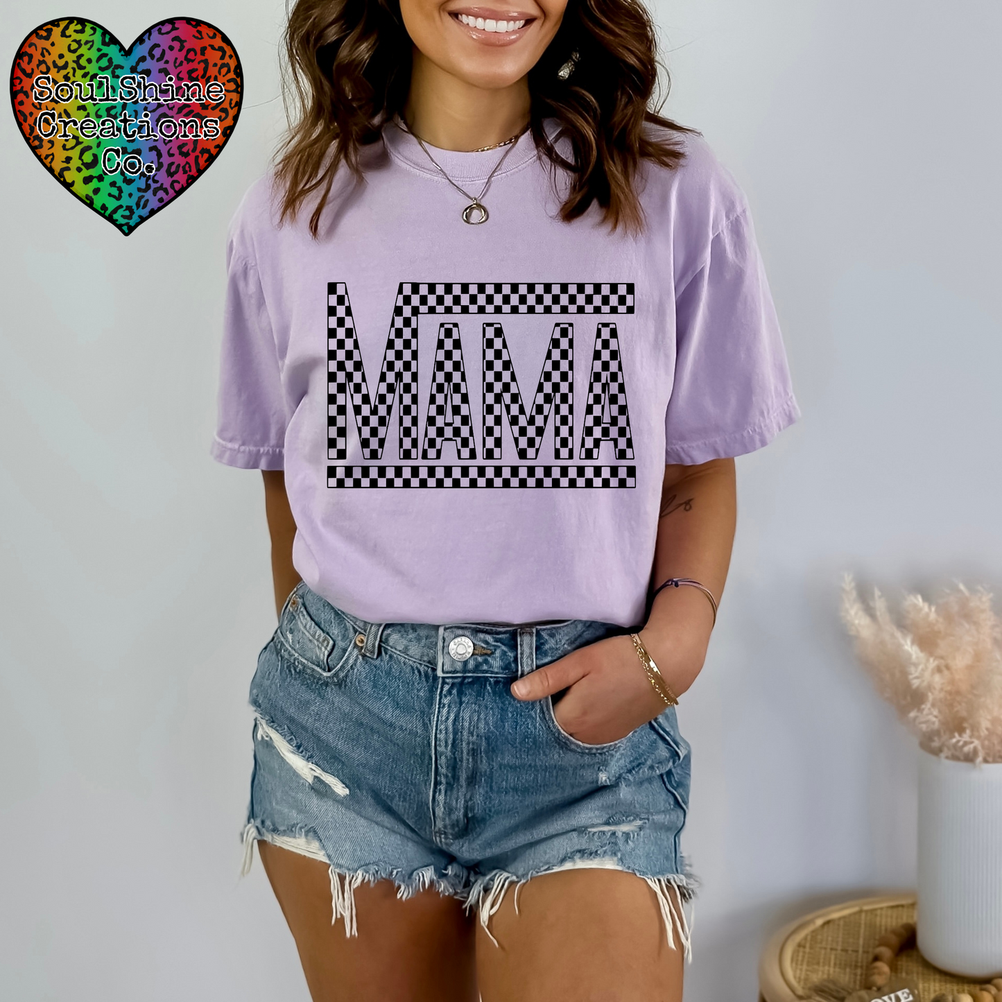 Mama Checkered Comfort Colors Tee Shirt