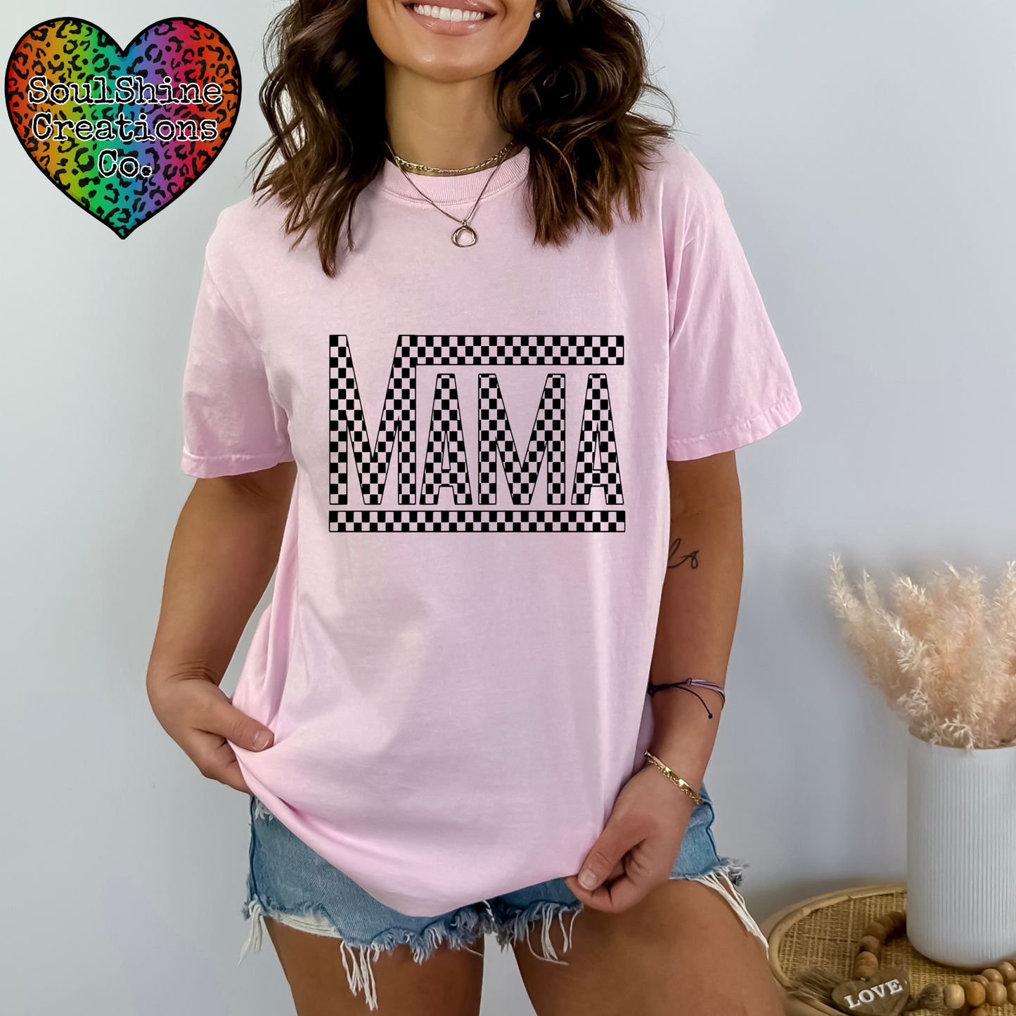 Mama Checkered Comfort Colors Tee Shirt