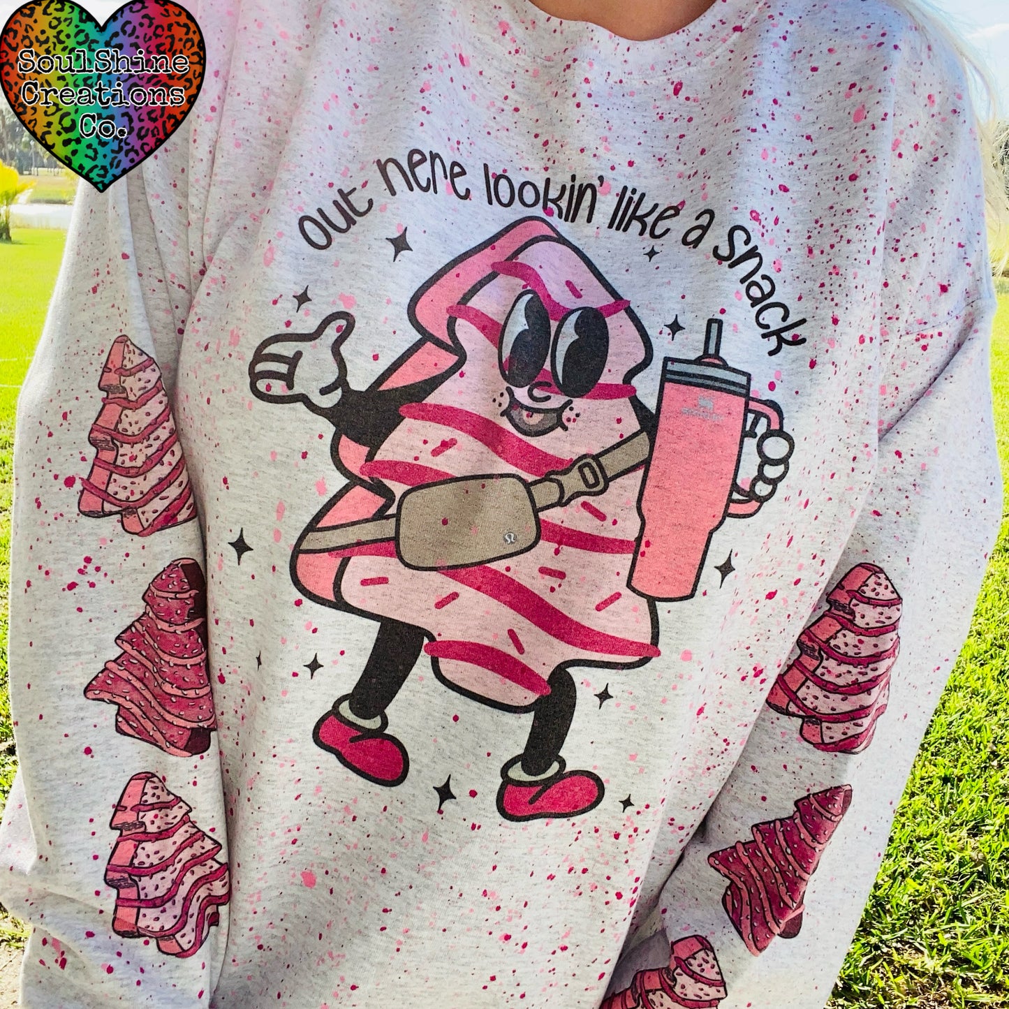 Out here lookin’ like a Snack Bougie Pink Splatter Christmas Sweater