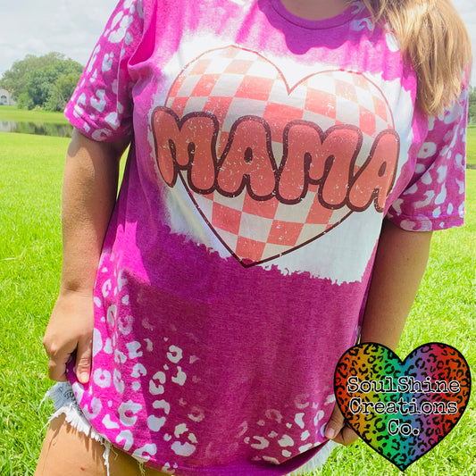 Mama Checkered Heart Leopard Print Bleached Shirt