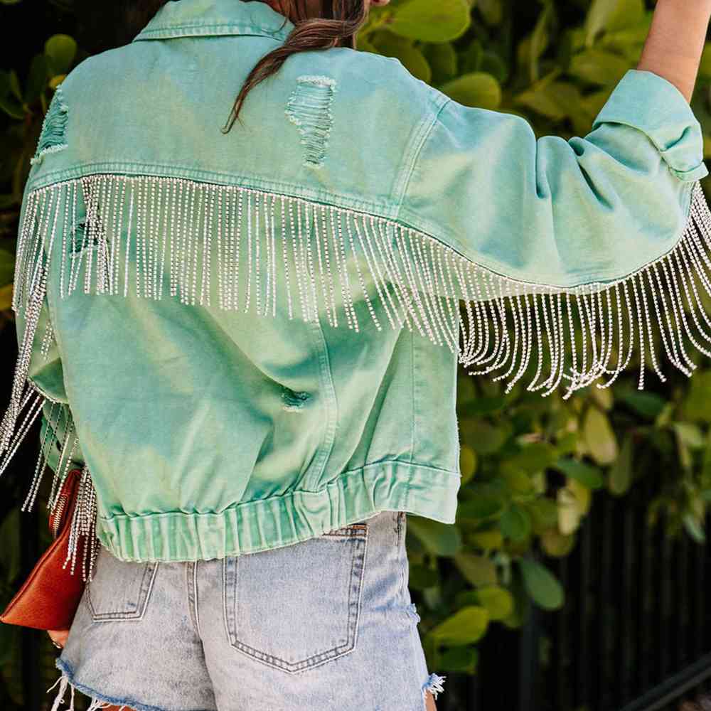 Fringe Detail Long Sleeve Denim Jean Jacket