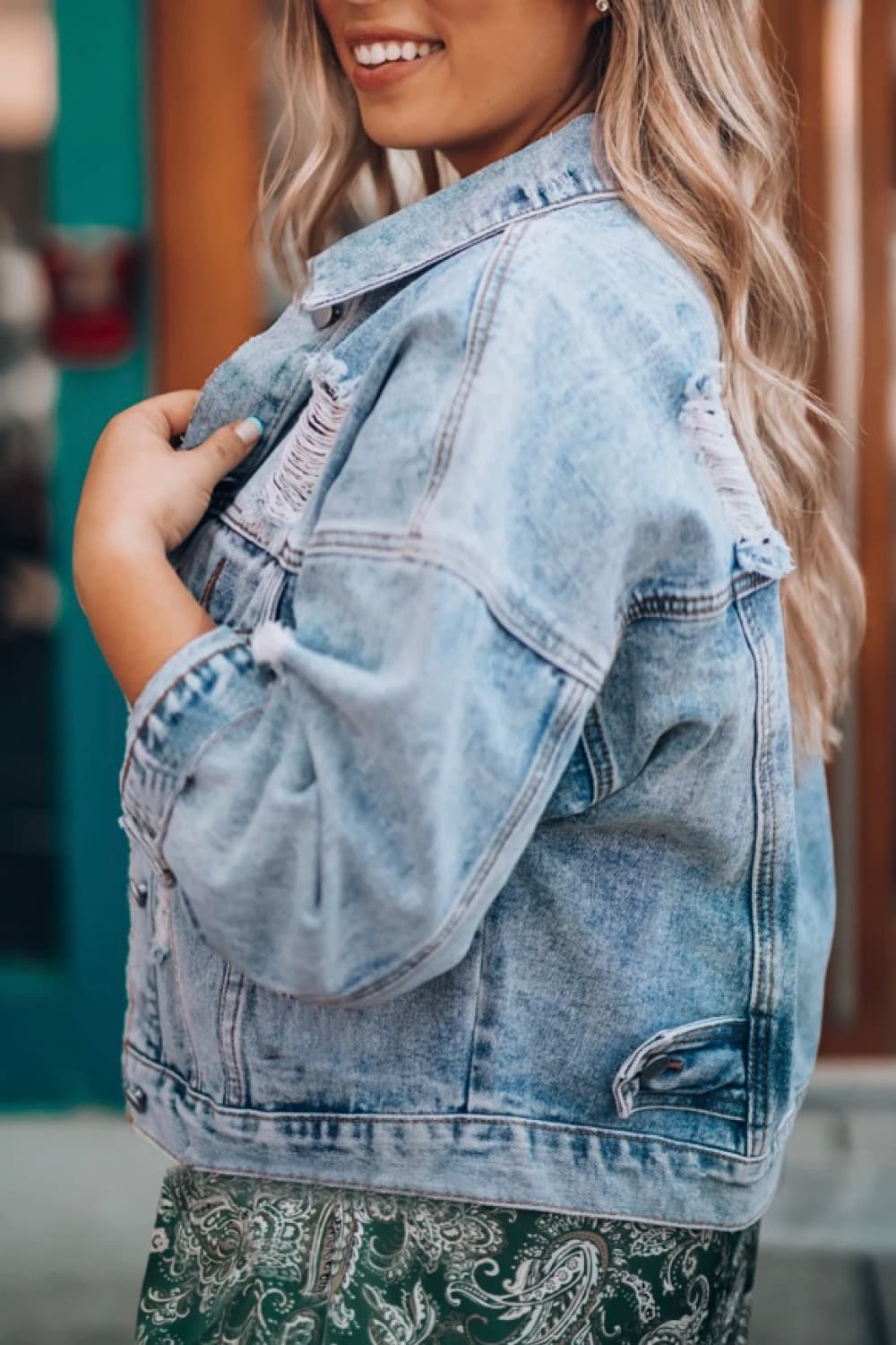 Distressed light clearance wash jean jacket