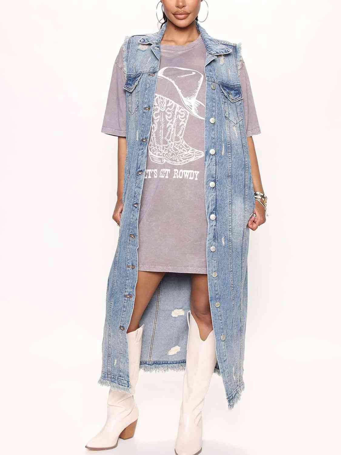 Long Sleeveless Denim Jean Jacket