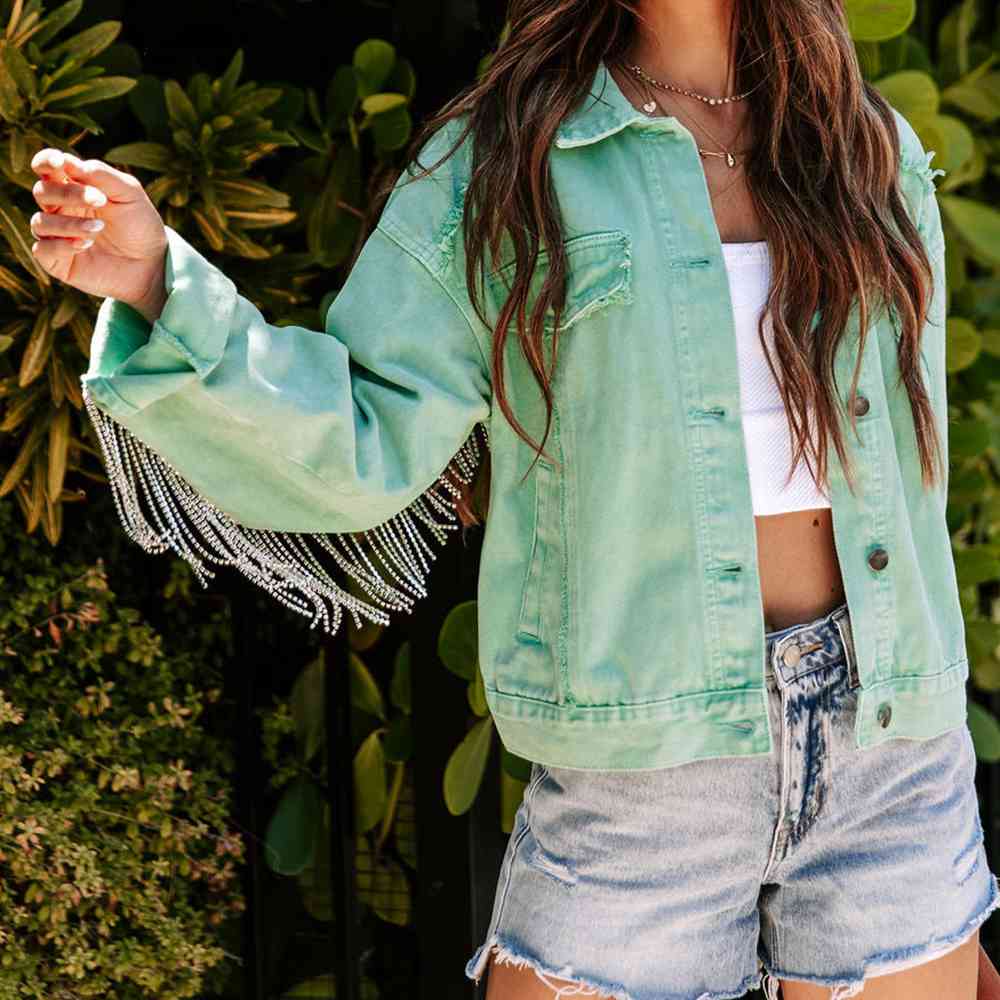 Fringe Detail Long Sleeve Denim Jean Jacket