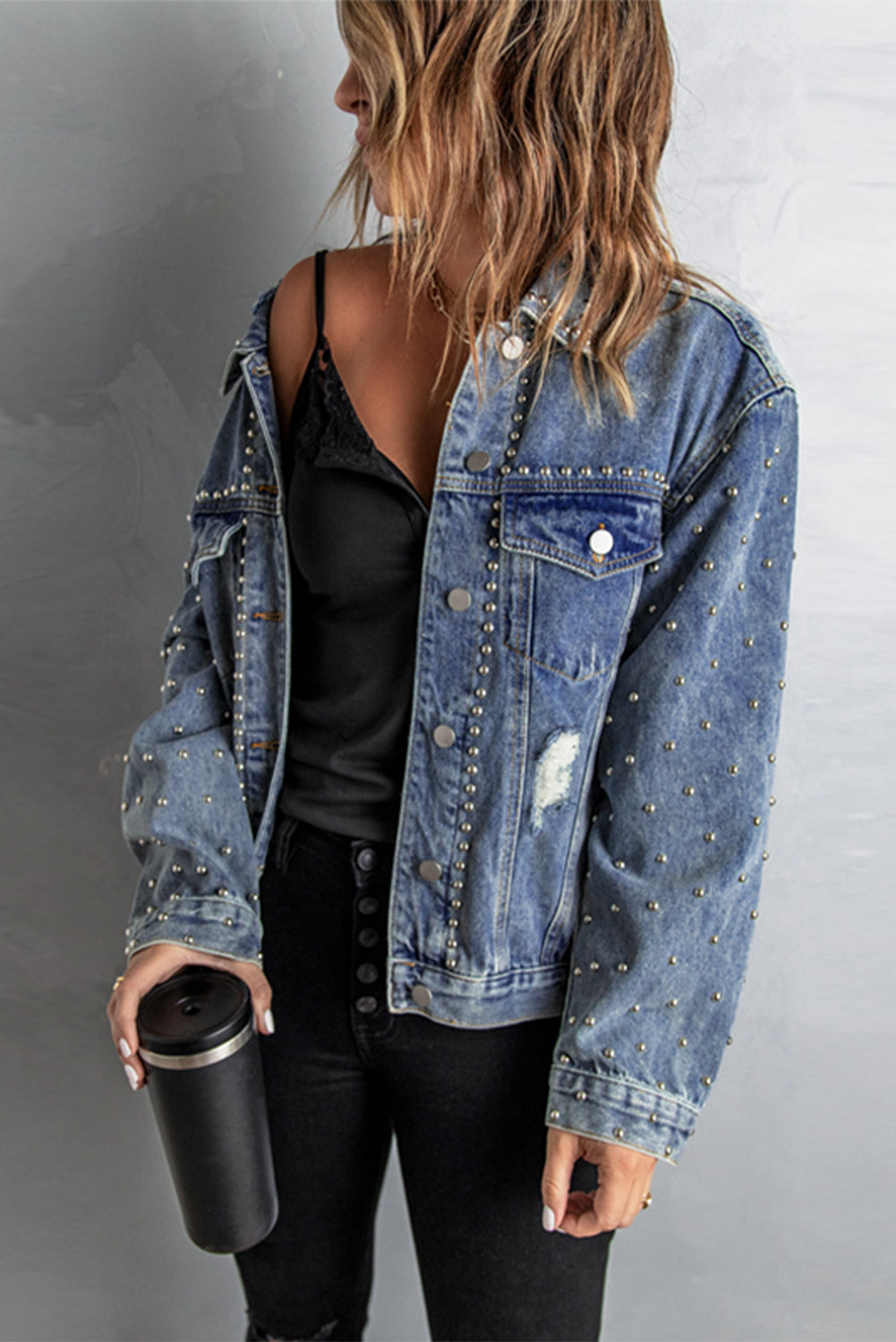 Trendsi Distressed Drop Shoulder Denim Jacket Black / XL