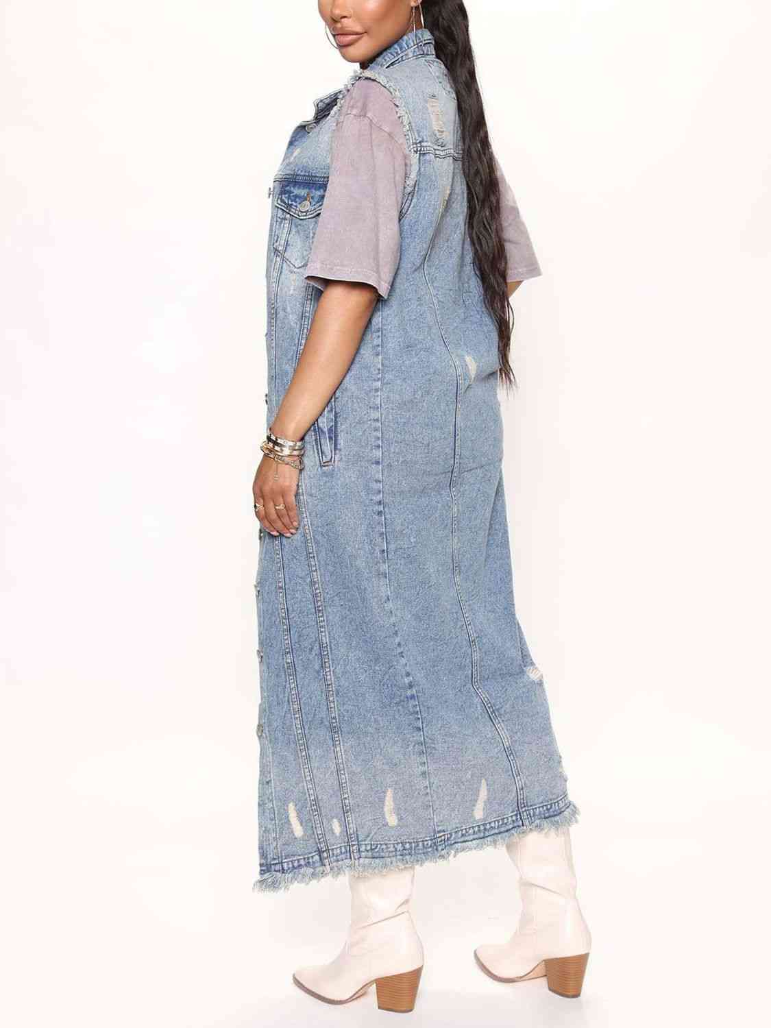 Long Sleeveless Denim Jean Jacket