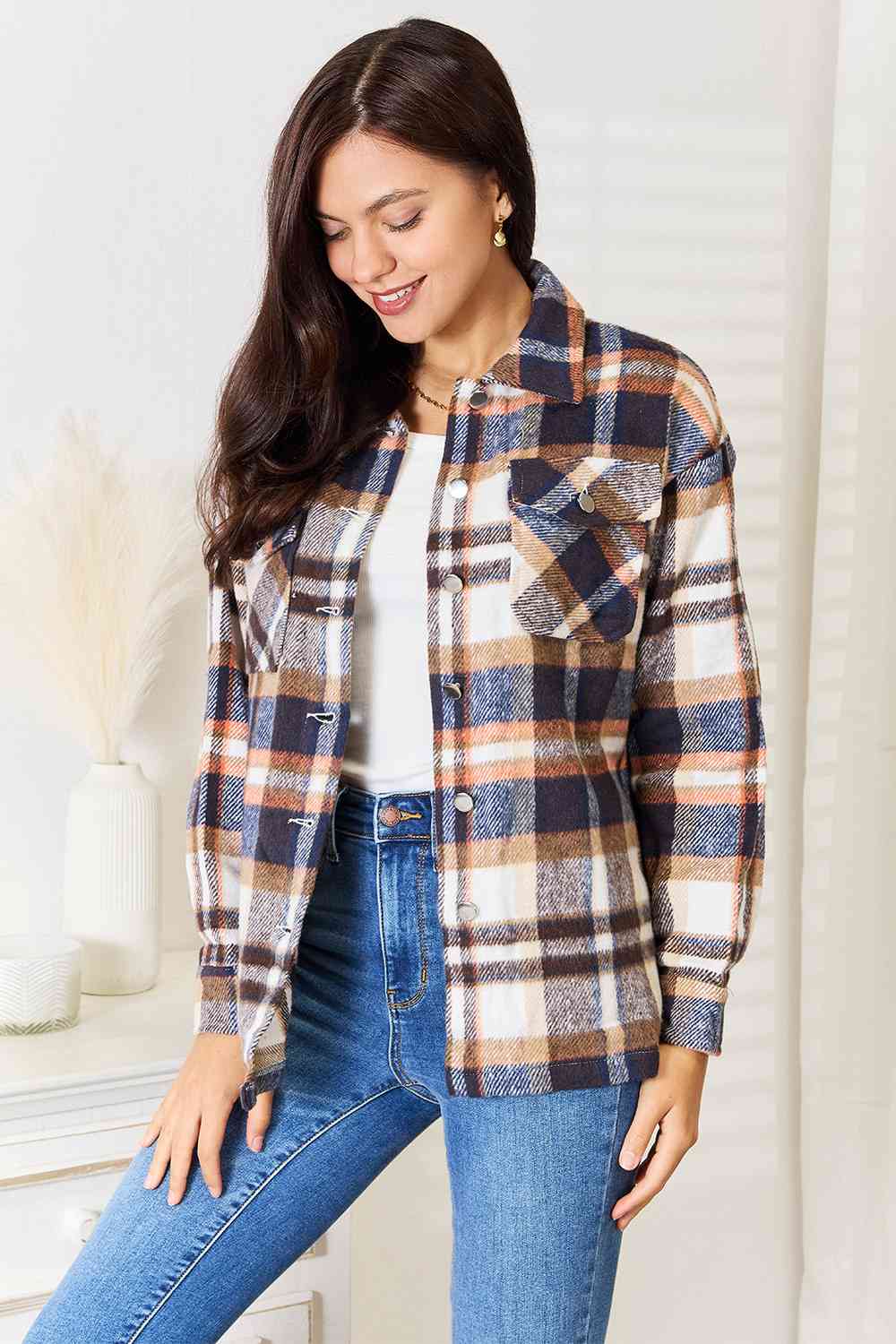 Plaid Button Front Shirt Jacket