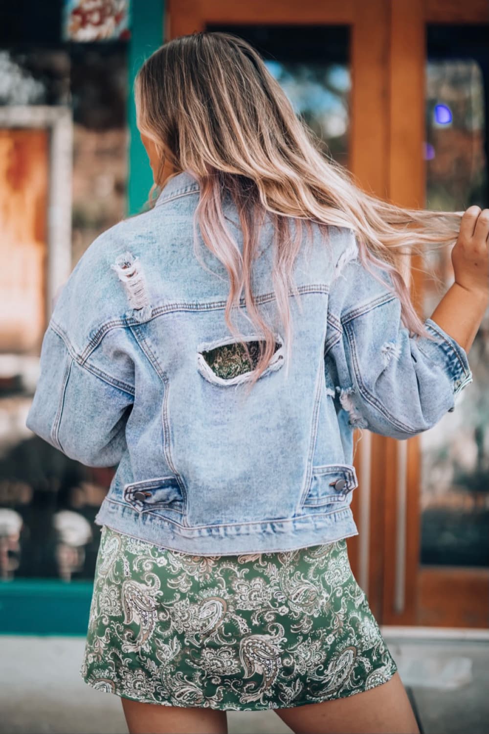 Distressed jean sale jacket outfit