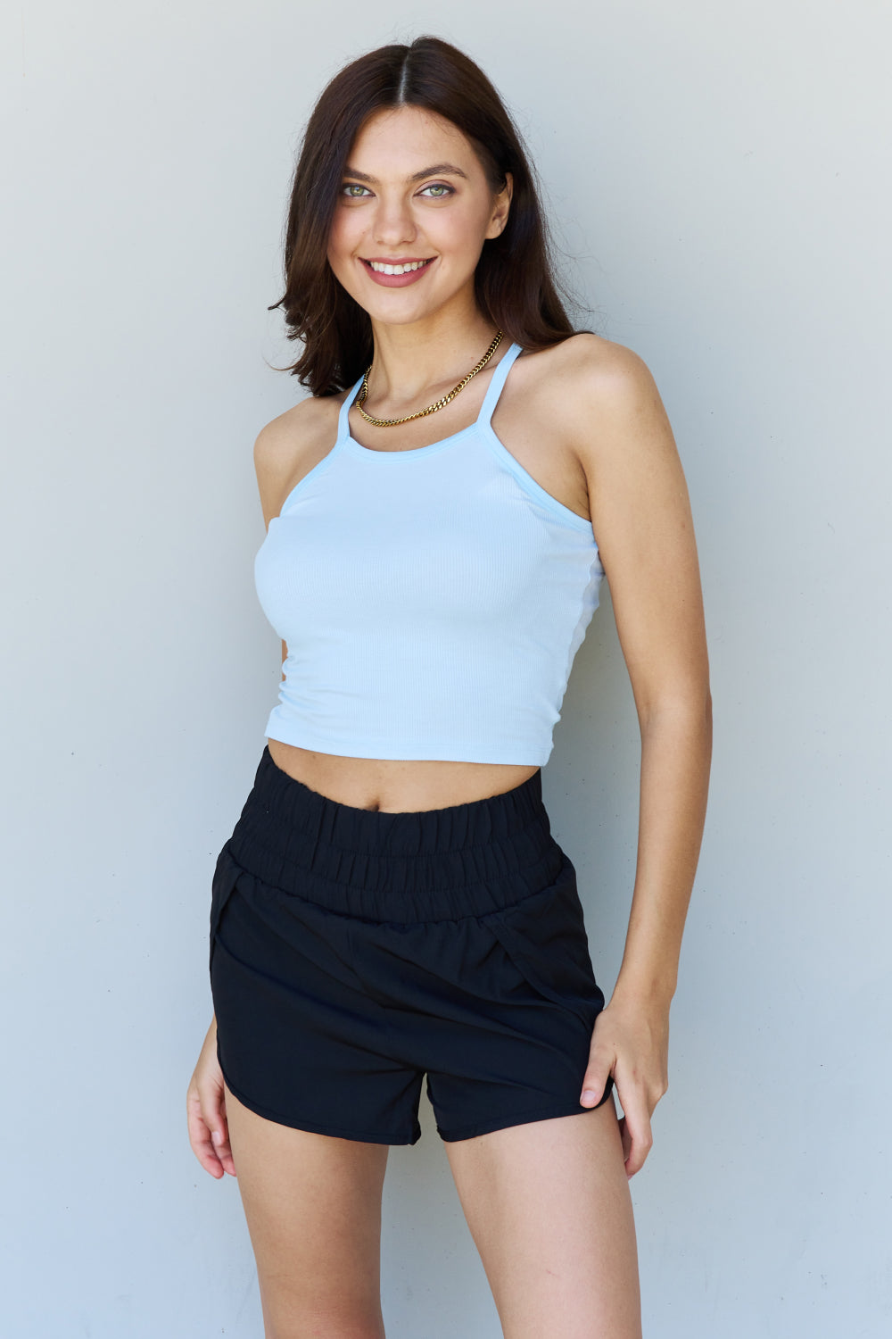 Crop Top Short Strap Ribbed Tank Top Blue