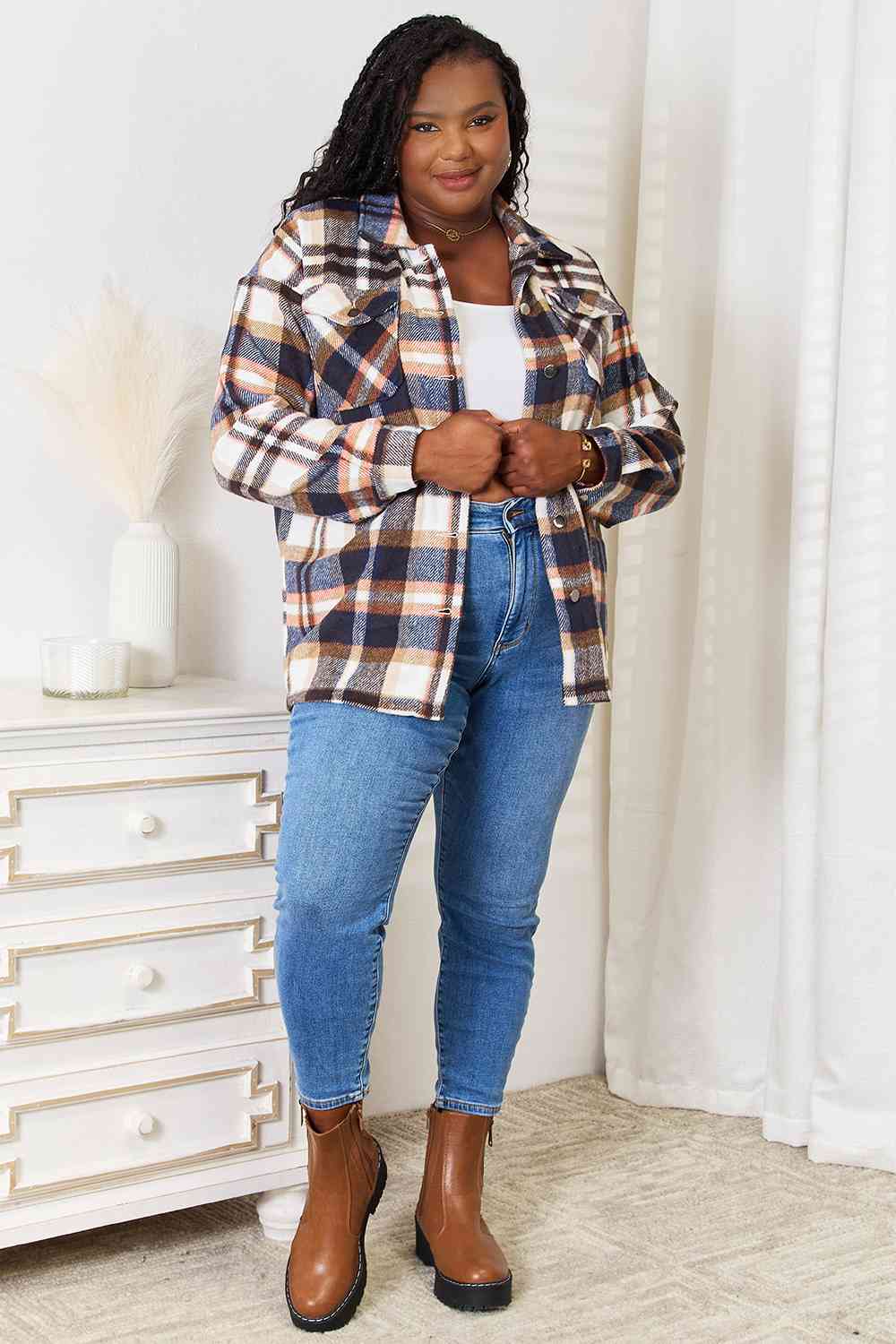 Plaid Button Front Shirt Jacket