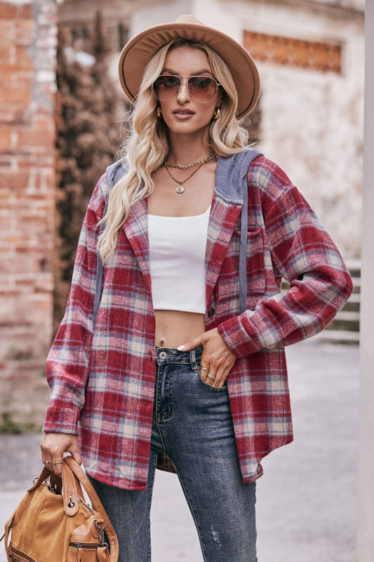 Plaid Dropped Shoulder Hooded Longline Jacket