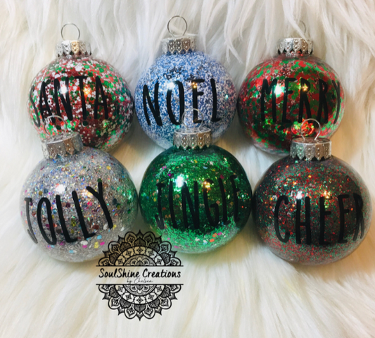 Festive Christmas Glitter Ornaments, Rae Dunn Inspired, Handmade Ornament, Santa, Jolly, Jingle, Merry, Cheer, Noel