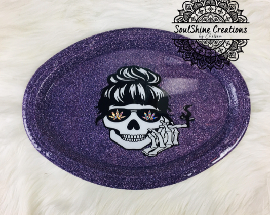 Smoking Skull Girl Glitter Oval Rolling Tray