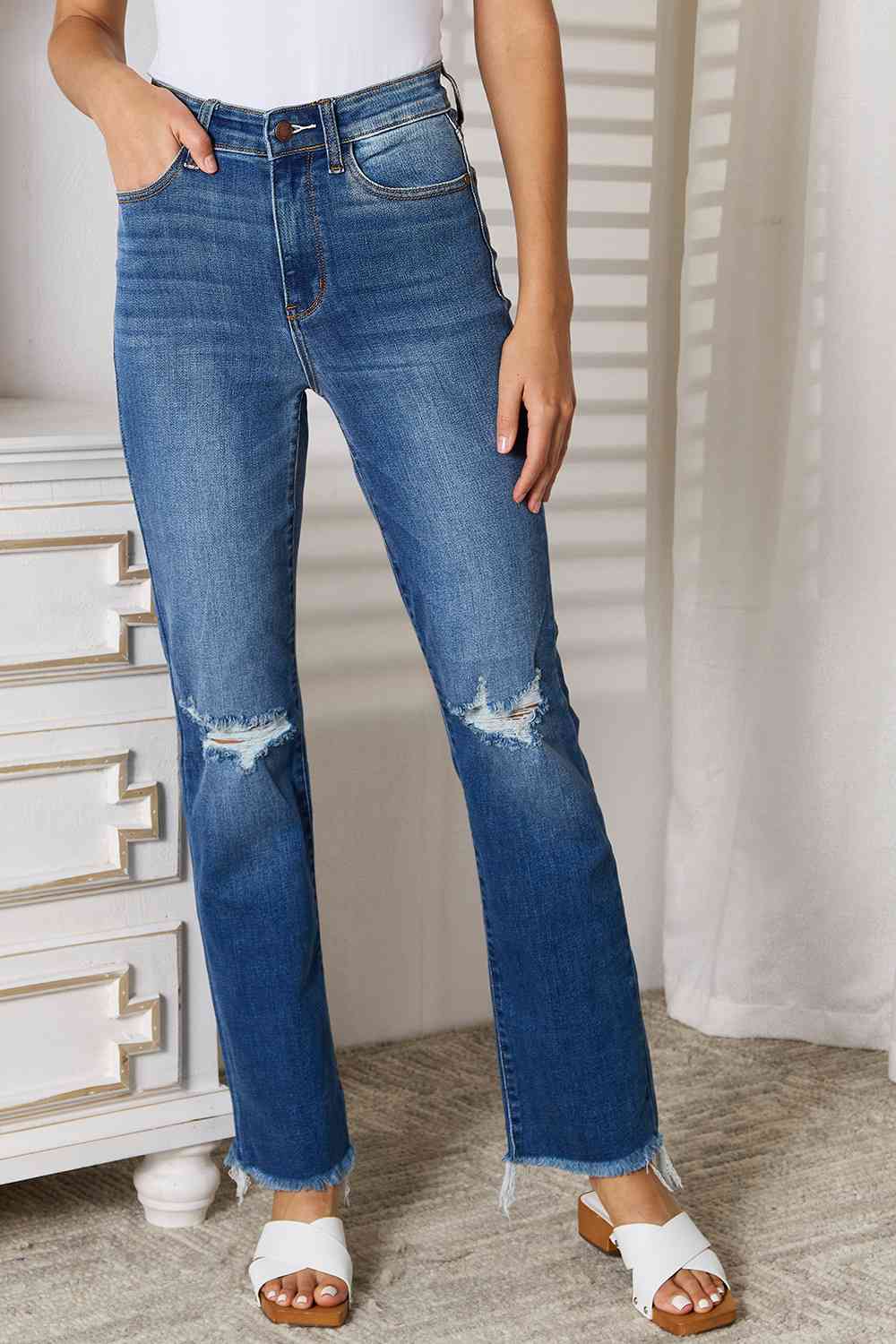 Judy Blue Distressed Raw Hem Jeans Medium Wash