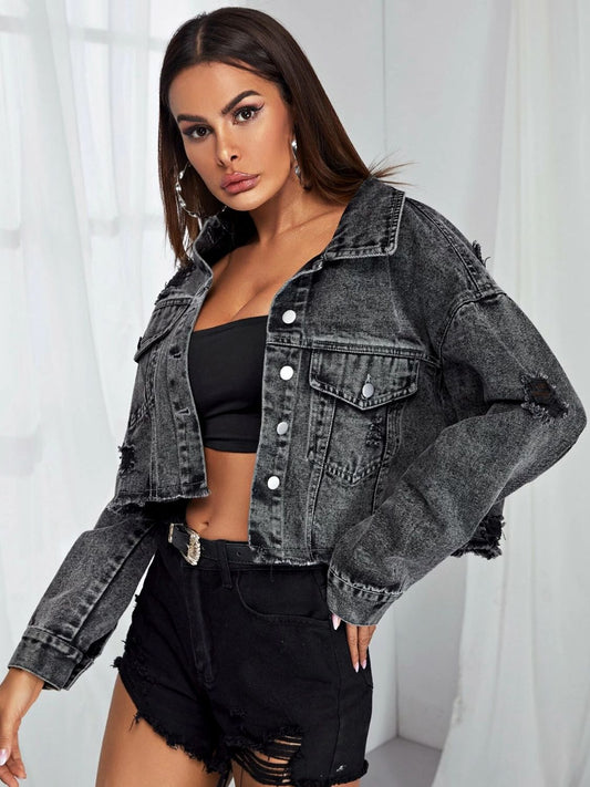 Dropped Shoulder Collared Neck Denim Jean Jacket