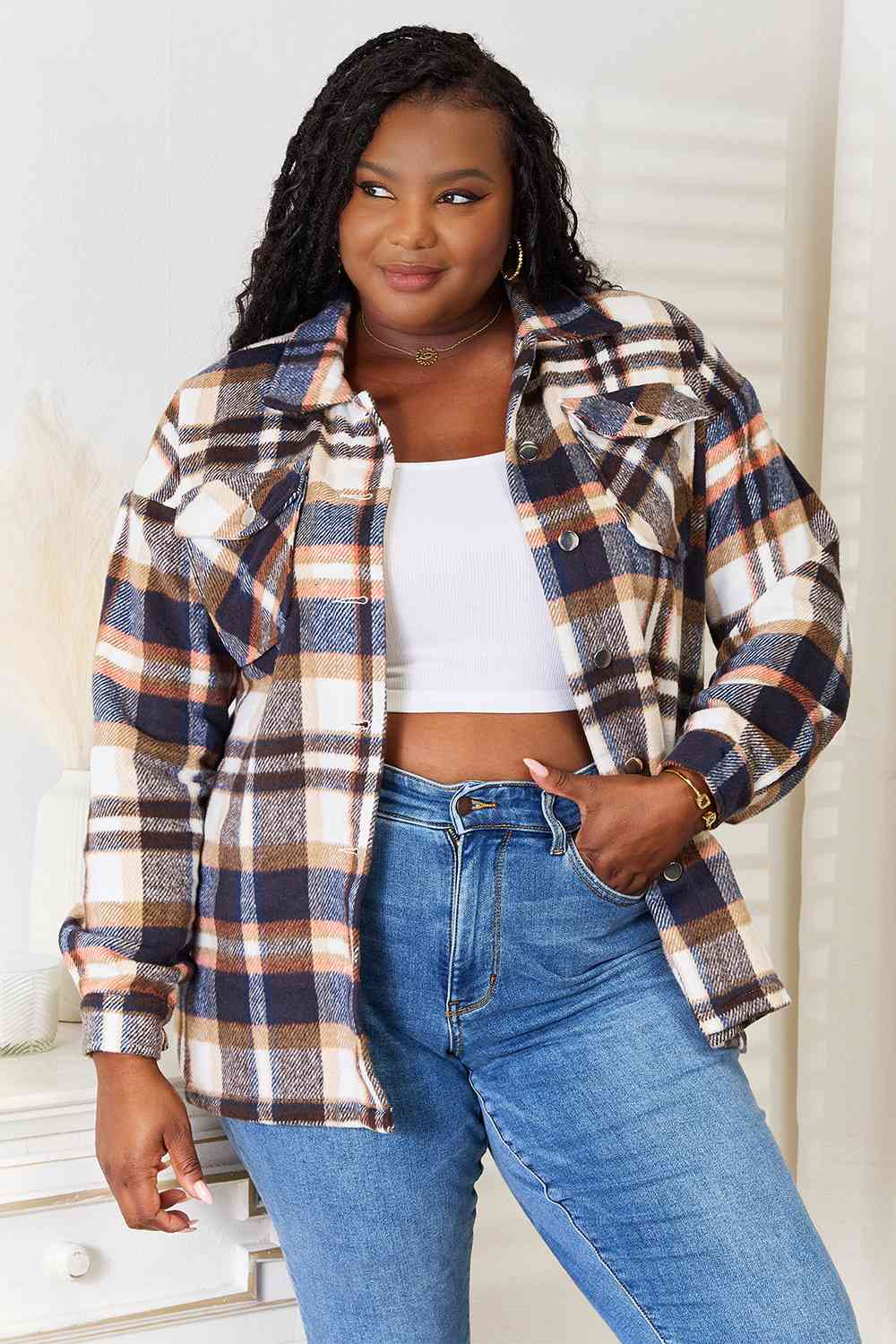 Plaid Button Front Shirt Jacket