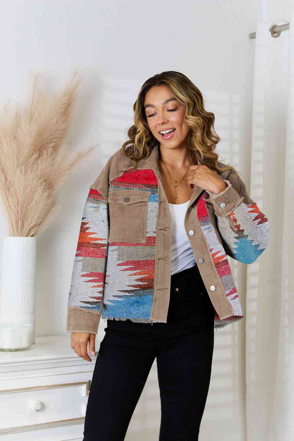 Southwestern Raw Hem Jacket Aztec Print