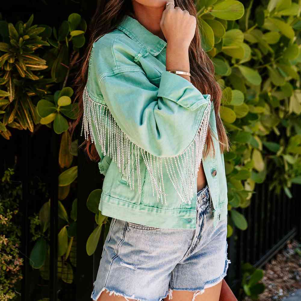 Fringe Detail Long Sleeve Denim Jean Jacket