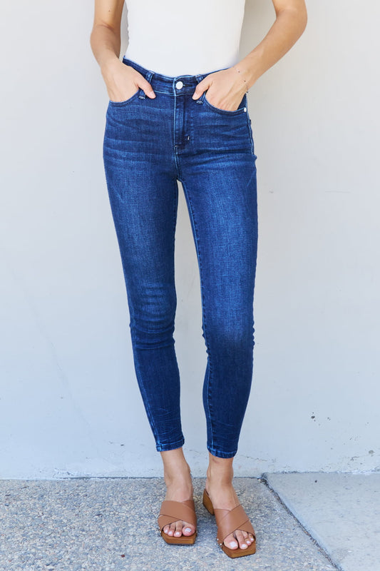 Judy Blue Marie Mid Rise Crinkle Ankle Detail Skinny Jeans