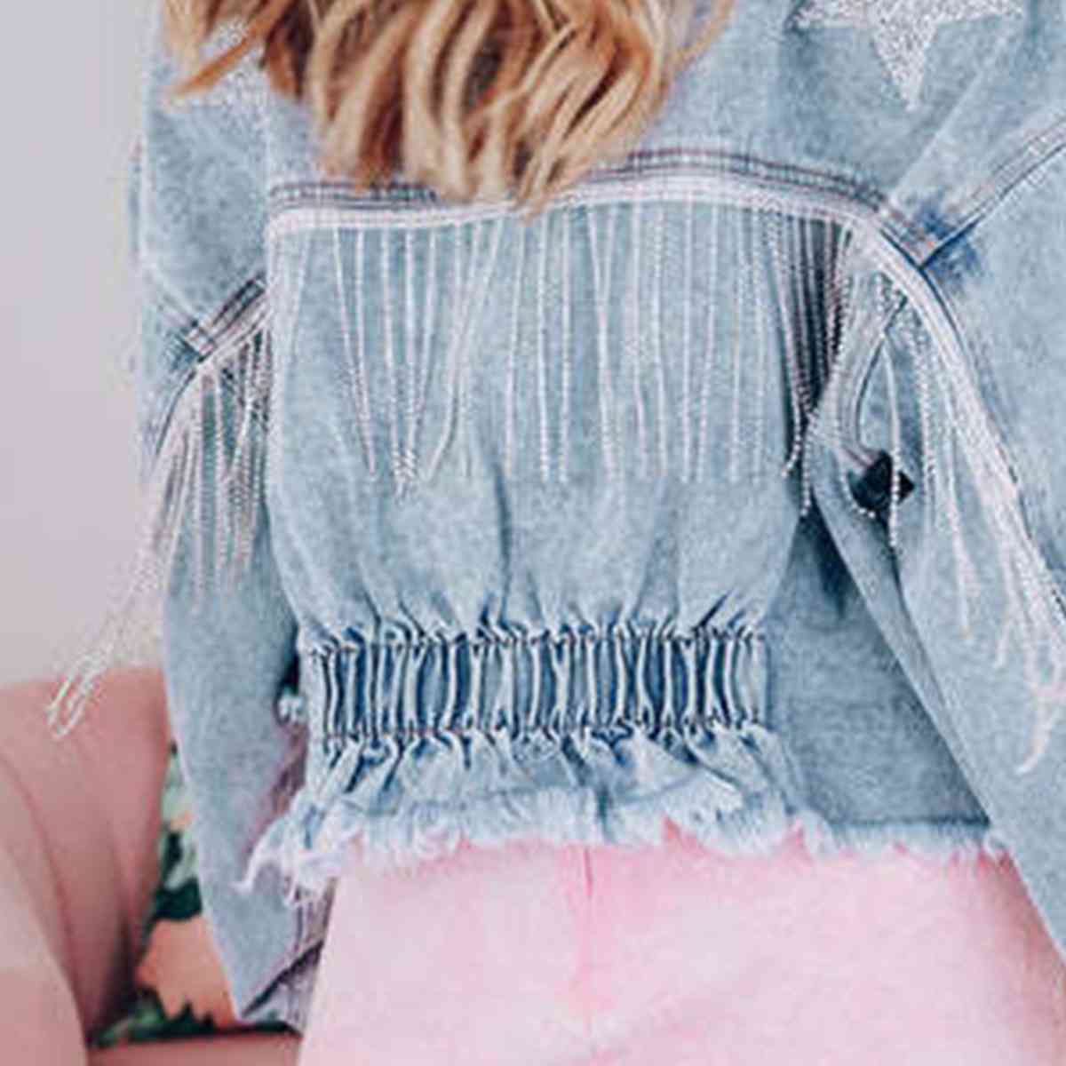 Star Raw Hem Fringe Detail Denim Jean Jacket