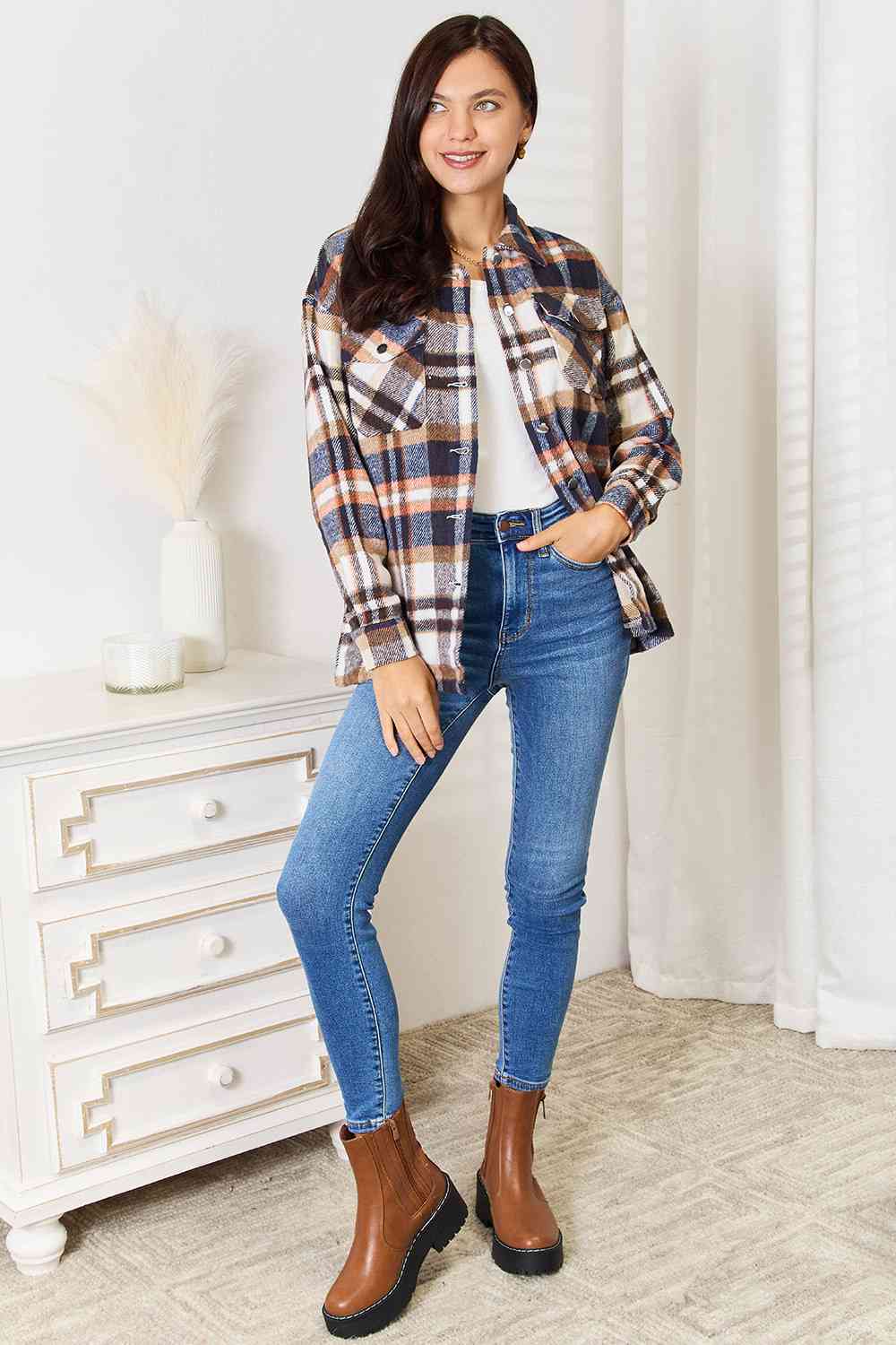 Plaid Button Front Shirt Jacket